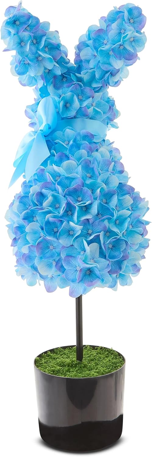 Blue Hydrangea Bunny Topiary 27 Inch, Faux Flower Easter Rabbit Decor, Lifelike Floral Bunny for Spring, Indoor Outdoor Farmhouse Decor for Porch/Living Room/Table Centerpiece