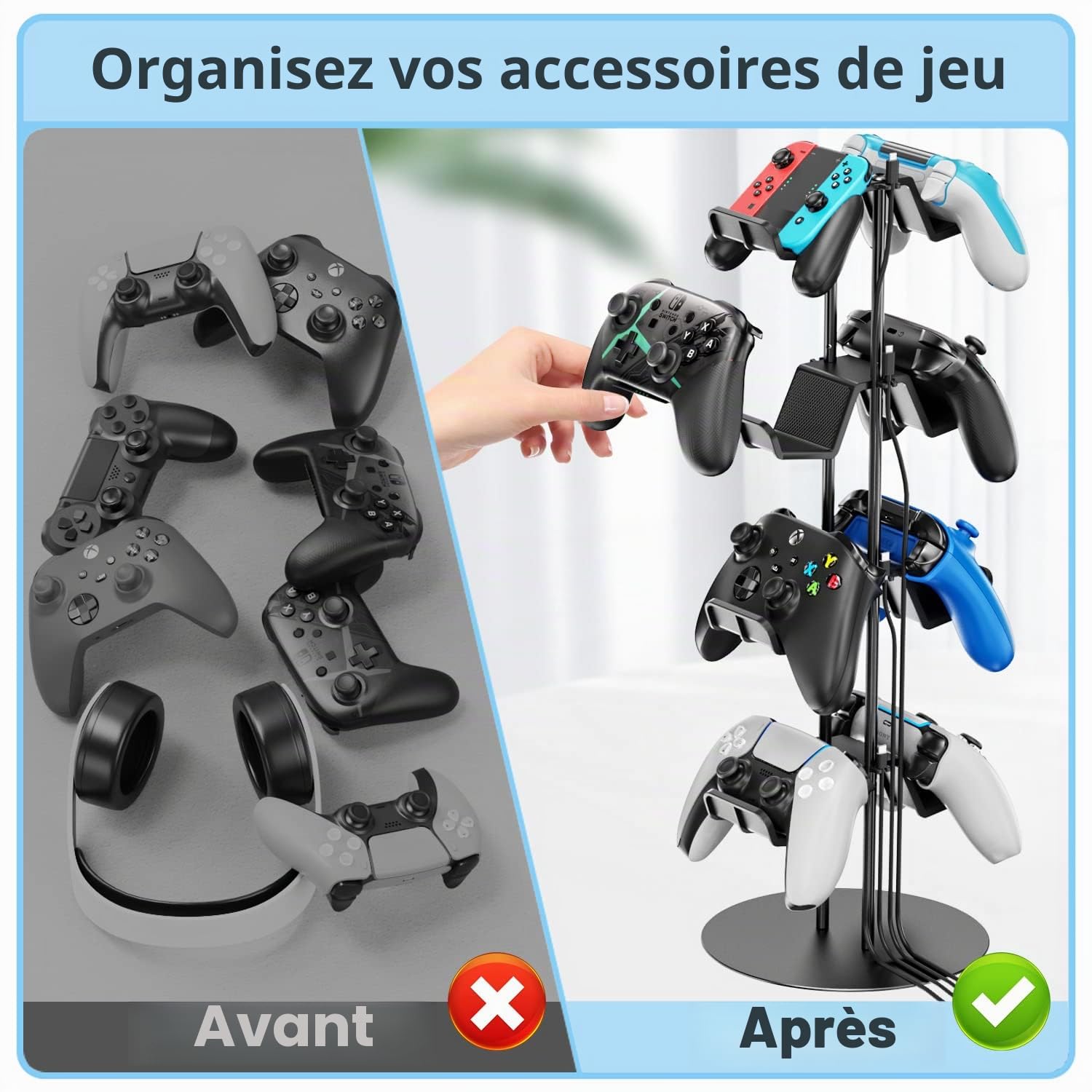 Kosker Support de Manette pour Manettes de Jeu, Support de Casque Gamer avec 4 Niveaux et Organisateur Câble, Rangement et Accessoire Universel pour Bureau, Systèmes Sega