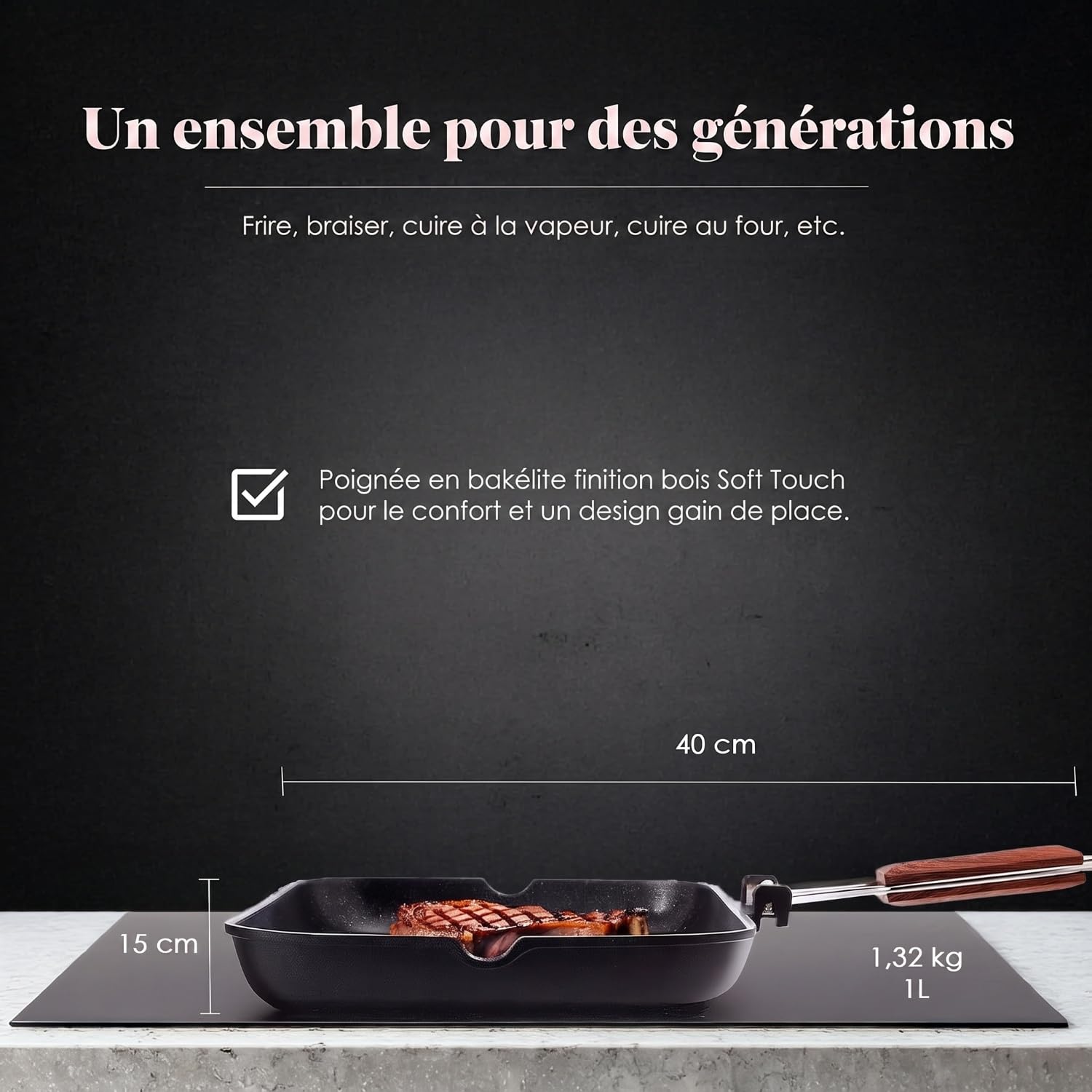 WECOOK! Ecostone Poêle à Griller Induction Lisse, 34 x 24 cm, Antiadhésive ILAG Écologique sans PFOA, Fonte d'Aluminium, Épaisseur 5 mm, Poignée en Bois Pliable, Vitrocéramique, Gaz