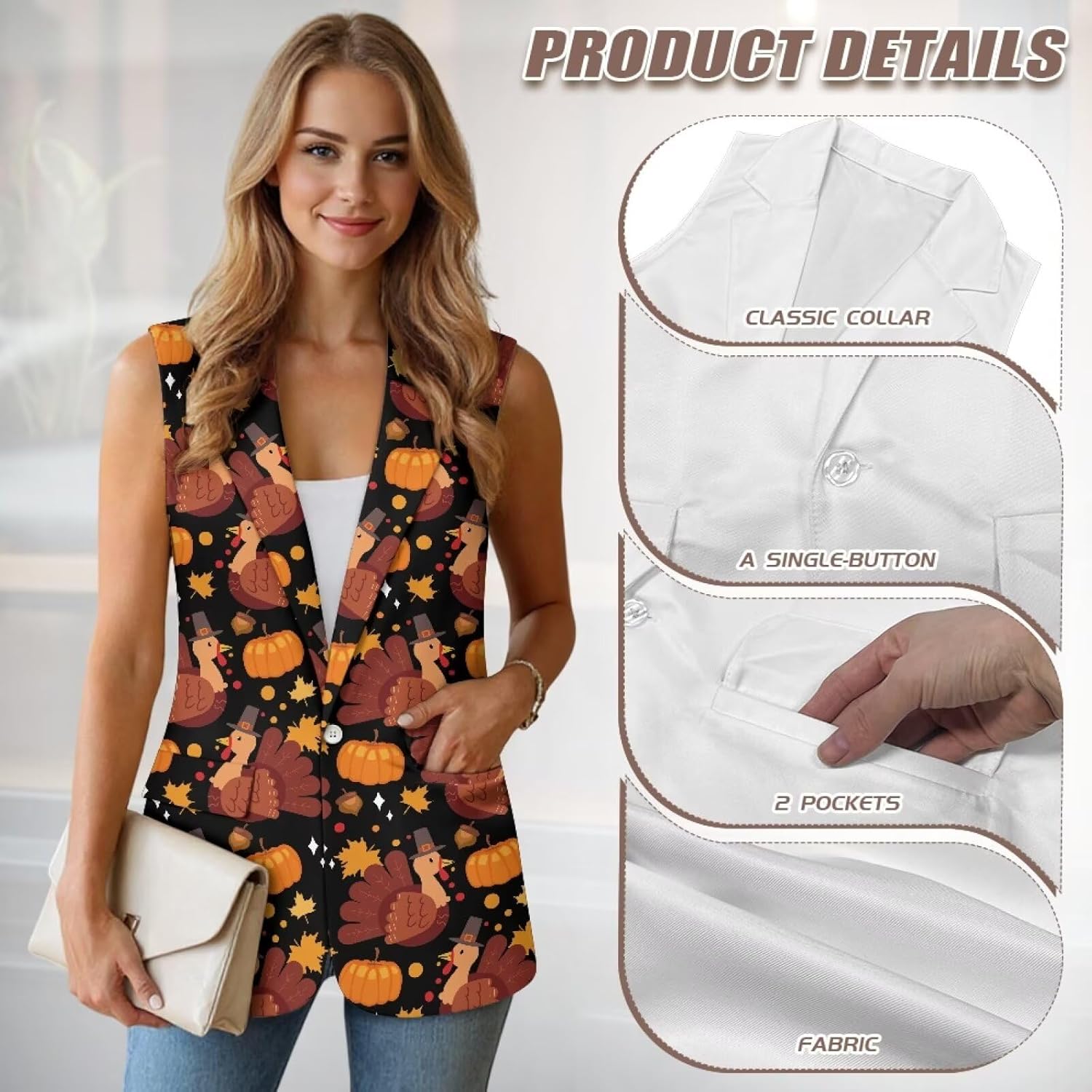 Women's Summer Sleeveless Vest Tops Single Button Lightweight Fully-Lined Casual Work Office Blazers with Pockets