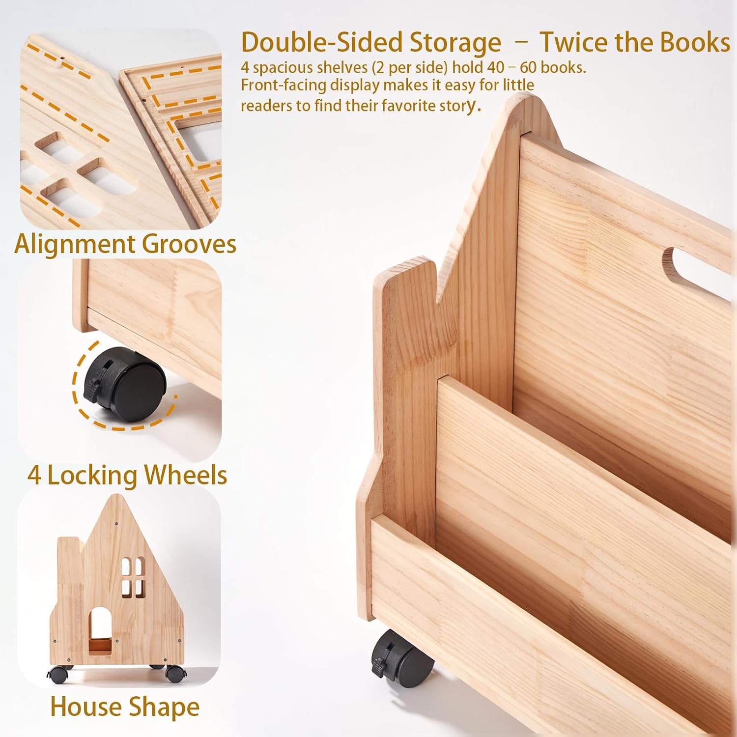 Kids Bookshelf for Toddlers, Montessori Wooden Bookcase with Wheels | Double-sided house shaped nursery bookshelf for playroom bedroom classroom, baby book storage organizer, kids display shelves