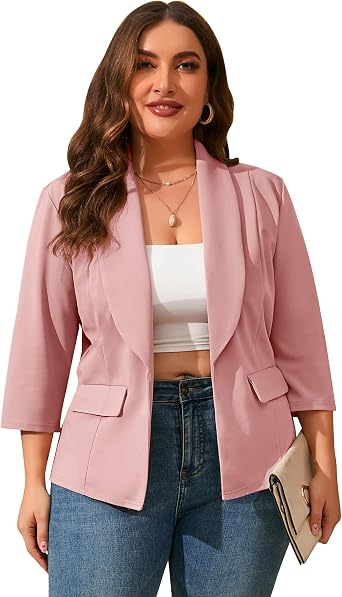 ShopWonder Womens Plus Size Casual Pocketed Blazer Office Open Front 3/4 Sleeve Cardigans Jacket Work Suit