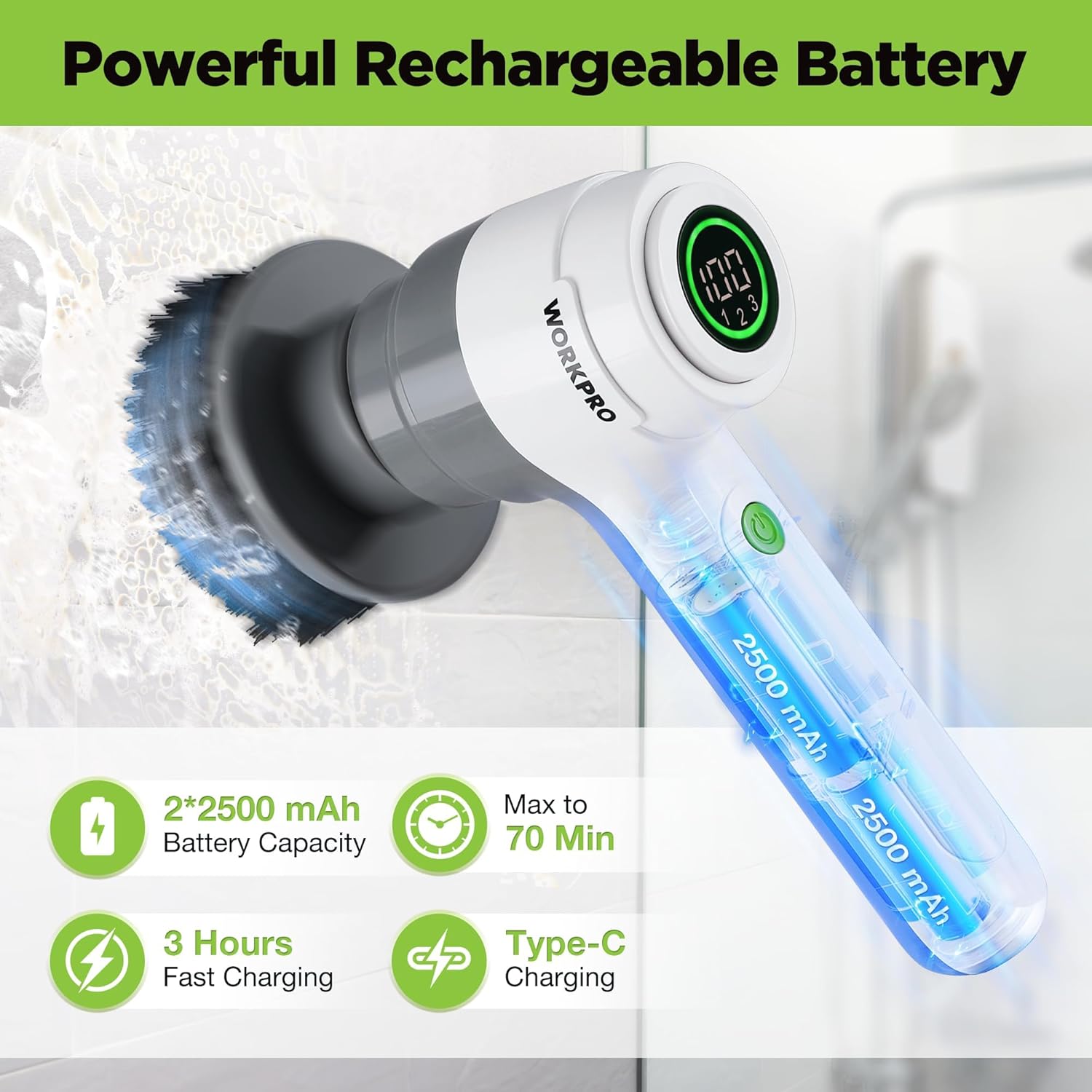 WORKPRO 8V Electric Spin Scrubber, 3-Speed Adjustable Shower Scrubber with 6 Replaceable Brush Heads, IPX6 Waterproof Electric Scrubber for Cleaning Bathroom, Kitchen Sinks, and Windows