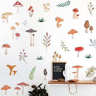 Woodland Mushroom Wall Decals Spring Botanical Garden Plants Grass Wall Stickers Removable Forest Mushroom Wall Art Vinyl DIY Watercolor Boho Flower Peel and Stick Wallpaper for Kids Bedroom Decor 141