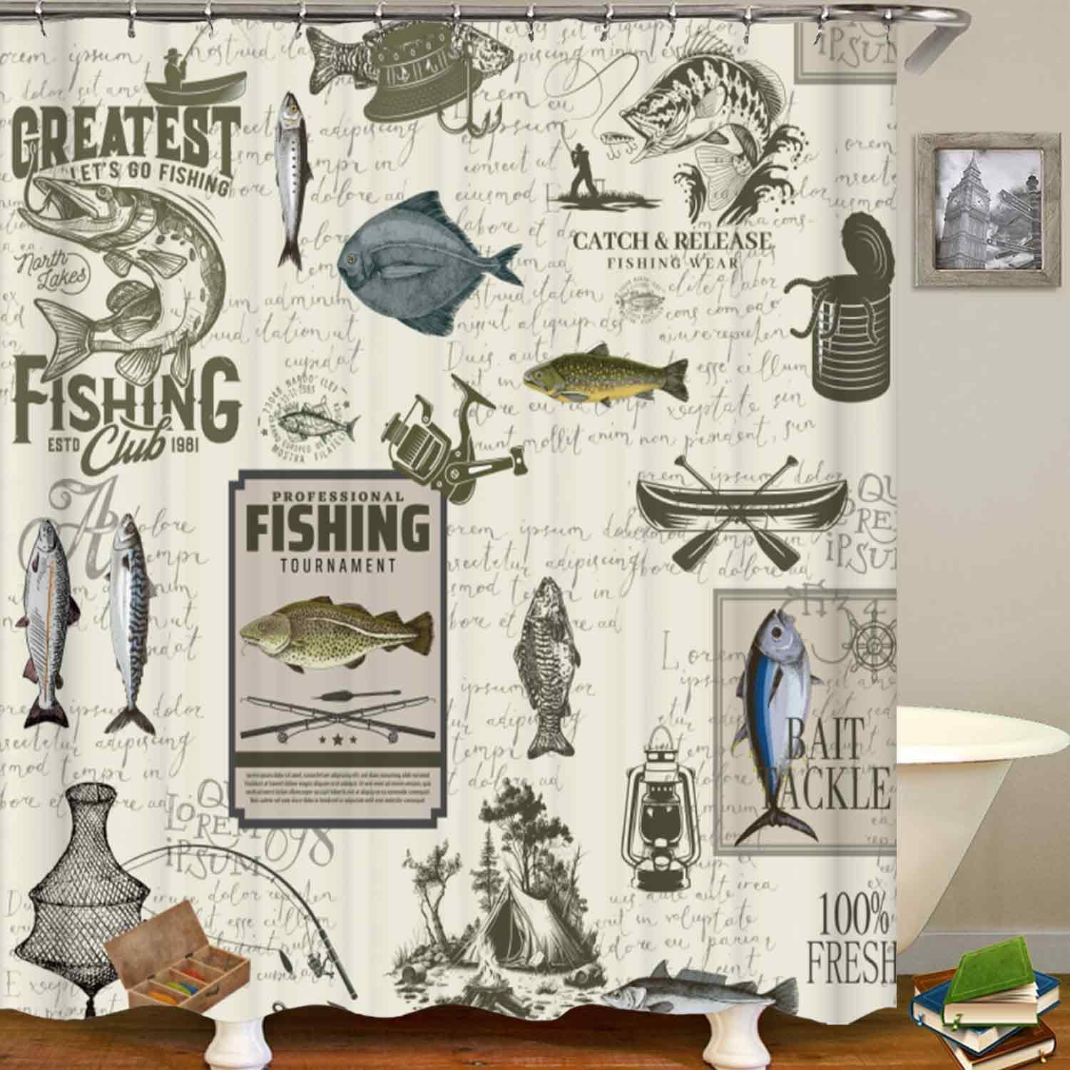 4PCS Fishing Shower Curtain Sets with Rugs, Bass Fish Shower Curtain, Waterproof Fabric Shower Curtain, Fish Cabin Lodge Camping Hunting Country Rustic Farmhouse Bathroom Decor, Fishing Gifts