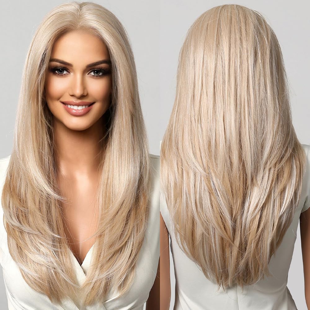 testar 13×6 HD Lace Long Blonde Lace Front Wig for Women 22 Inch Platinum Blonde Wig Straight Hair Natural Layered Glueless Synthetic Lace Wigs Middle Part for Party/Halloween/Daily Use(613 Blonde)