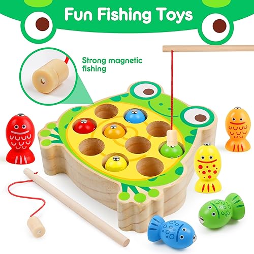 Miniatura 5 de Juego magnético de pesca de madera para niños pequeños, imanes de rana de madera, juguetes de pesca, rompecabezas de clasificación de colores,