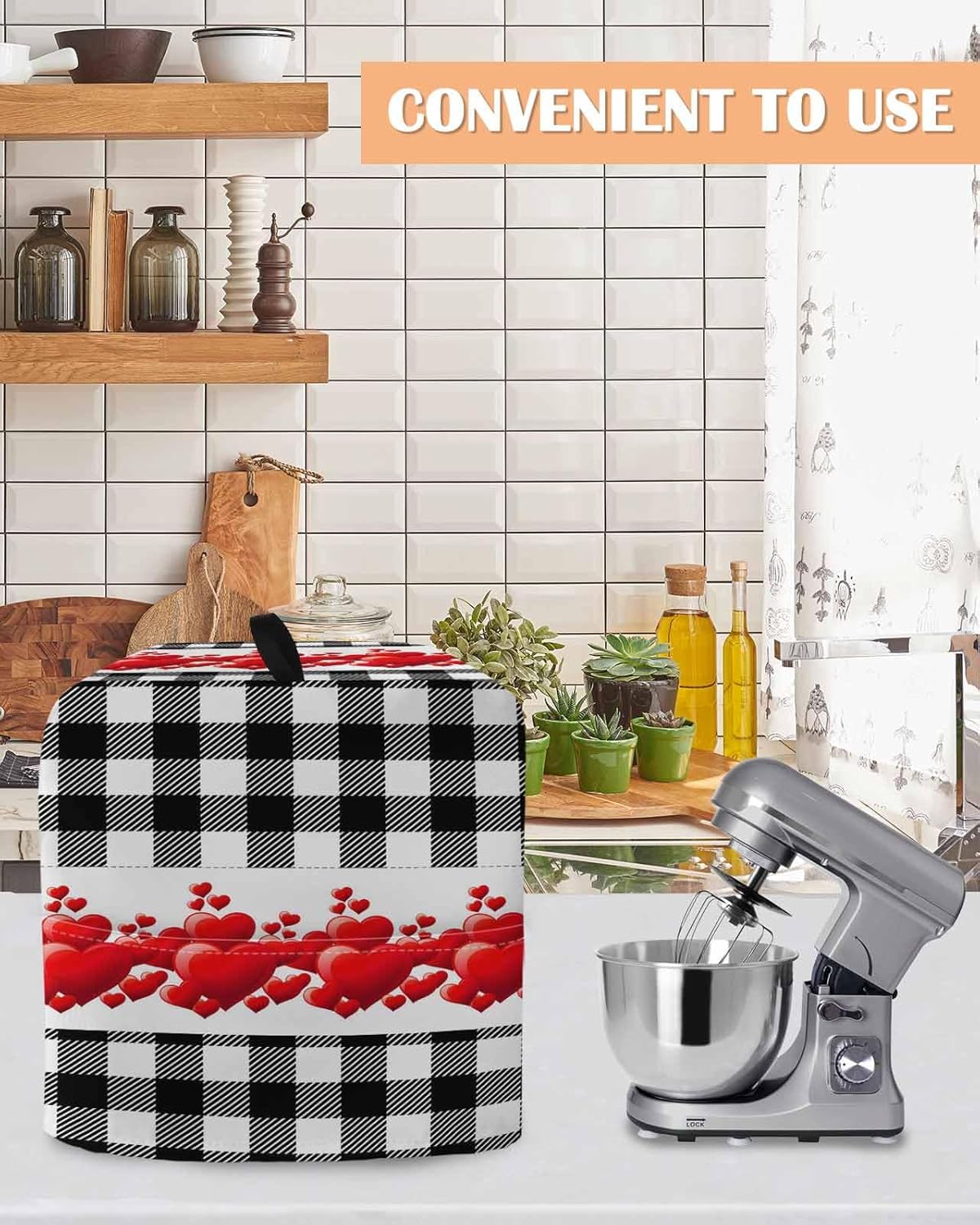 Valentine's Day Stand Mixer Cover with Storage Pocket, Waterproof Kitchen Mixer Covers, Red Loves Romantic Black White Plaid Kitchen Appliance Dust Cover Compatible with 5-8 Quart Mixers