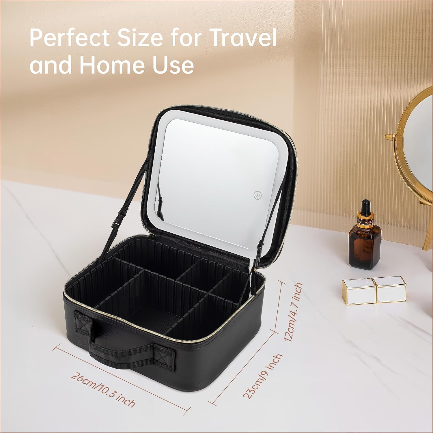 Travel Makeup Bag with LED Mirror, Cosmetic Bag Organizer, Waterproof Travel Cosmetic Bags with Adjustable Dividers, Makeup Case Ideal Gift for Mothers Women and Girls (black)
