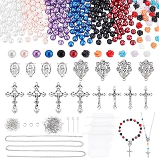 PH PandaHall 647pcs Rosary Jewelry Making Kit Prayer Making Supplies Necklace Set 8mm Glass Pearl Beads Cross Charms Rose Beads for Mubarak Ramadan Jewelry Making Bracelet Earring