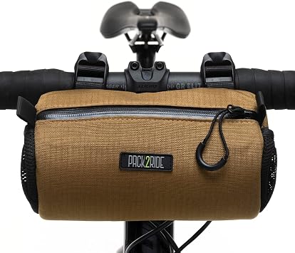 PACK2RIDE Perfecta Handlebar Bikepacking Bicycle Bag-Waterproof Fabric -Handmade - Large Volume-Light -With Mesh Pocket - Suitable for Mountain, City, Tour, Road, Electric,Gravel Bikes and 1.5L Kayote Brown