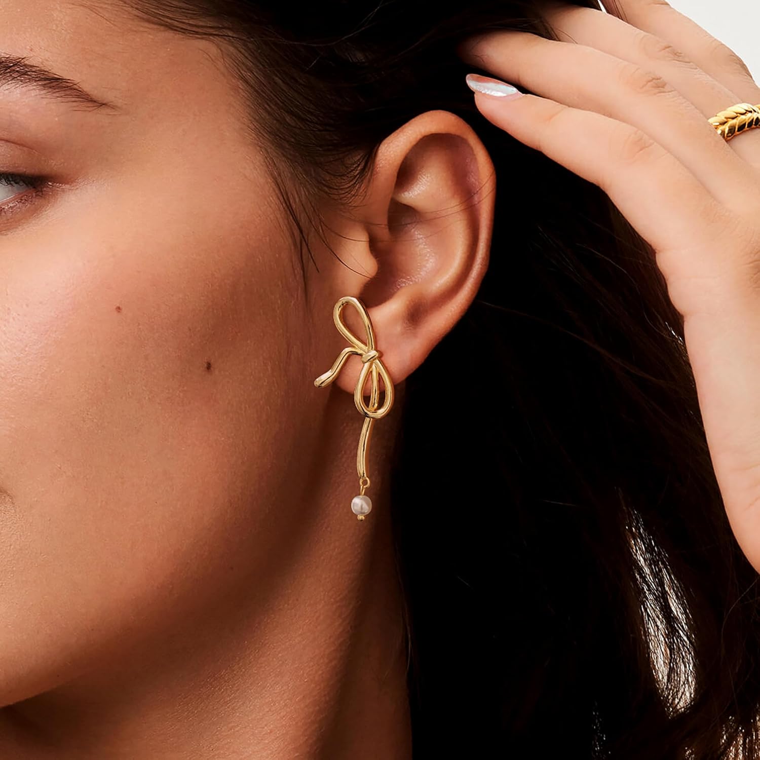 Risamil 14K Gold Plated/Silver Earrings for Women Trendy, Dainty Bow Earrings for Women Cute Pearl Huggie Earring Hoops Twist Rope Bow Stud Pearl Dangle Cubic Zirconia Earrings Jewelry Gifts - Image 2