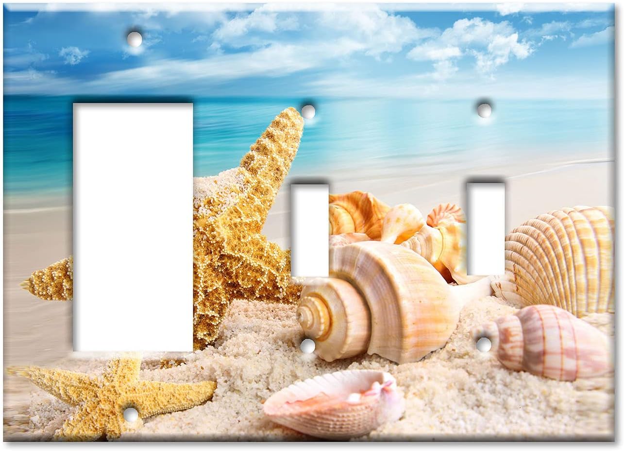 Art Plates - 3-Gang Combination Switch Plate - Decora - Toggle - Toggle - Sea Shells and Starfish on the Ocean Beach - (Made in USA)