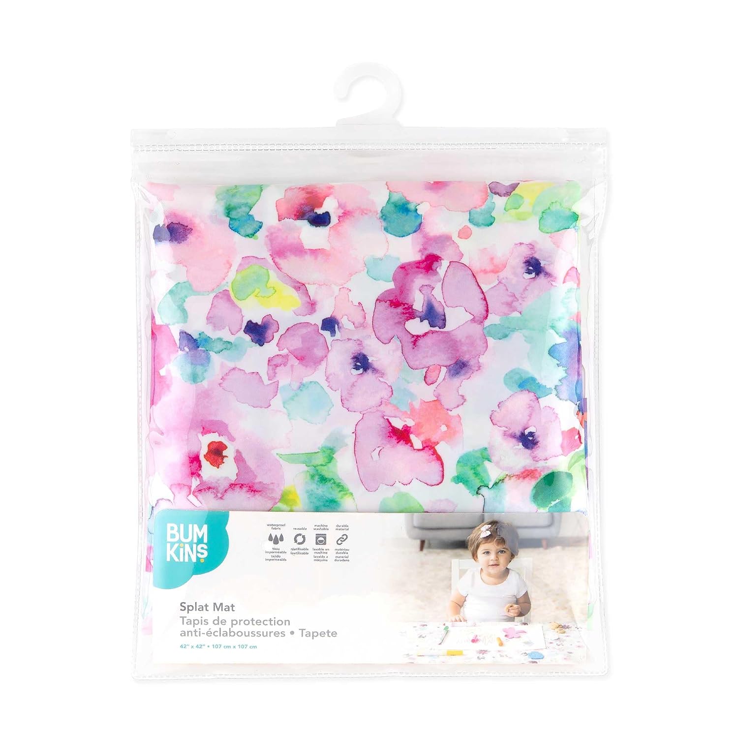 Bumkins Baby Splat Mat for Under High Chair, Babies Toddlers Eating Mess Mat, Waterproof Reusable Cloth for Arts and Crafts, Playtime for Kids, Floors or Tables, Fabric 42inx42in, Watercolors Floral