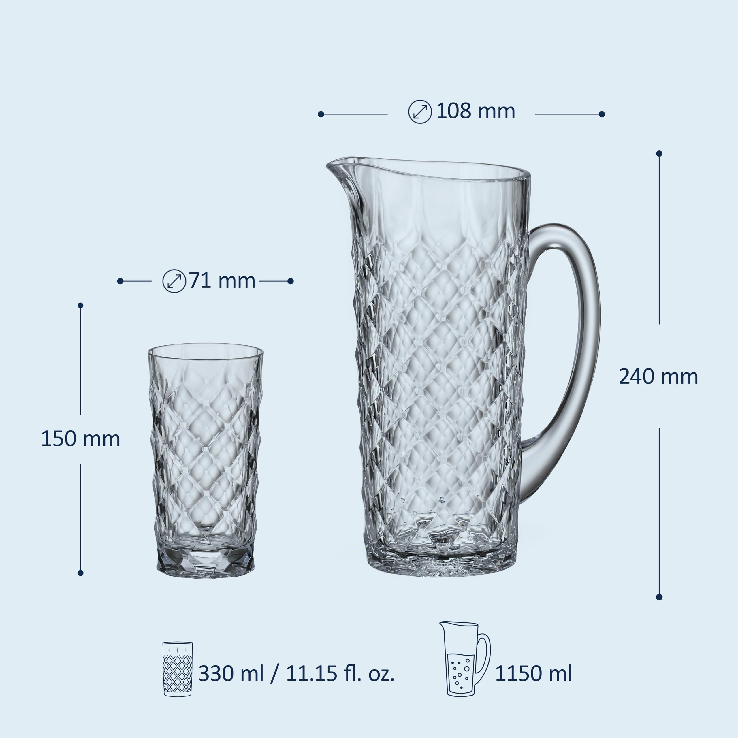 Crystal Bohemia Krug und Trinkgläser - Spülmaschinenfester Krug und 6 kratzfeste Trinkgläser (je 330 ml) aus Kristallglas - Für den täglichen Gebrauch, Familien, Restaurants und Partys