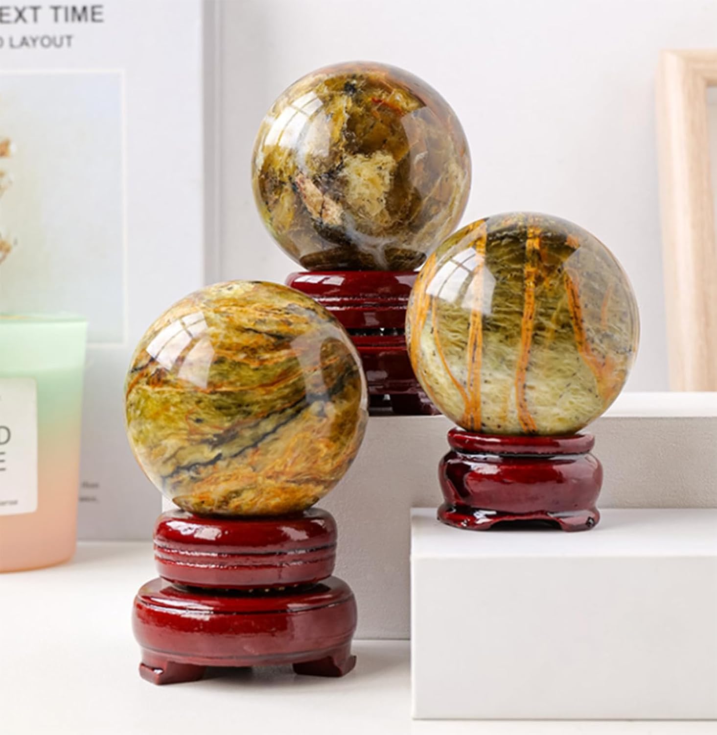 Polished Divination Gemstone Sphere Opal Crystal Ball Ornaments Collecting Crystal Ball Figurine Statue Fengshui Decorations,65~70mm