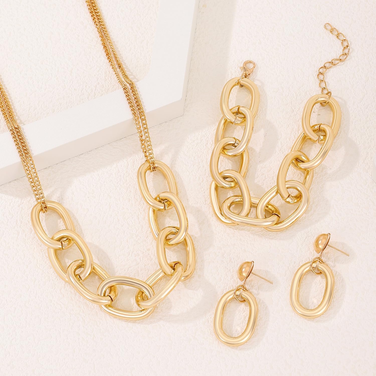 coadipress Chunky Necklace Earrings Bracelet Set for Women Colourful Gold Plated Boho Statement Earrings Cuban Link Chain Collar Necklace Retro Neon 80s Jewelry Gift - Image 6