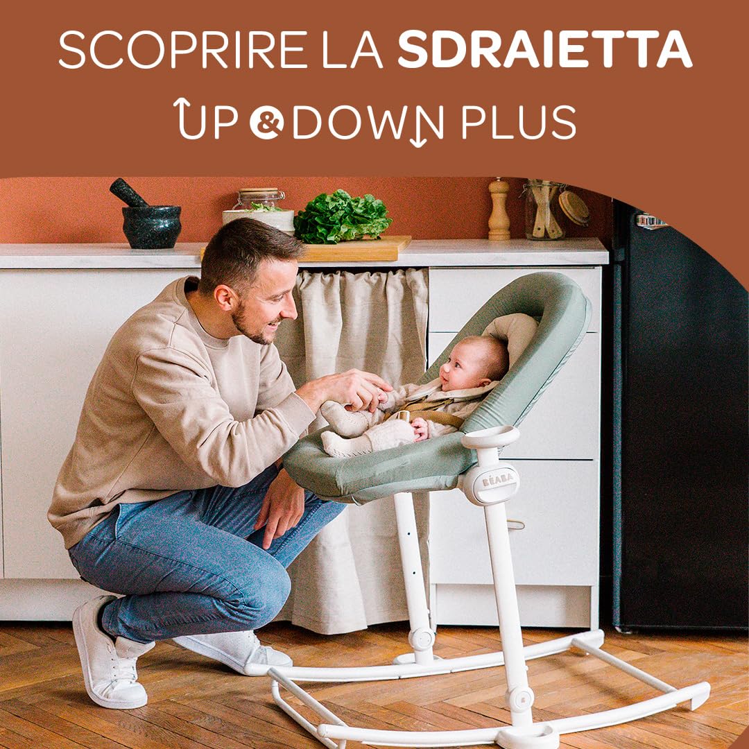 BÉABA, Sdraietta per bambini, Sdraietta Up&Down Plus,4 altezze,3 reclinabilità,Regolabile con una semplice pressione, Pieghevole,Riduttore per il parto, Seduta in 100% cotone, Finiture premium, Salvia