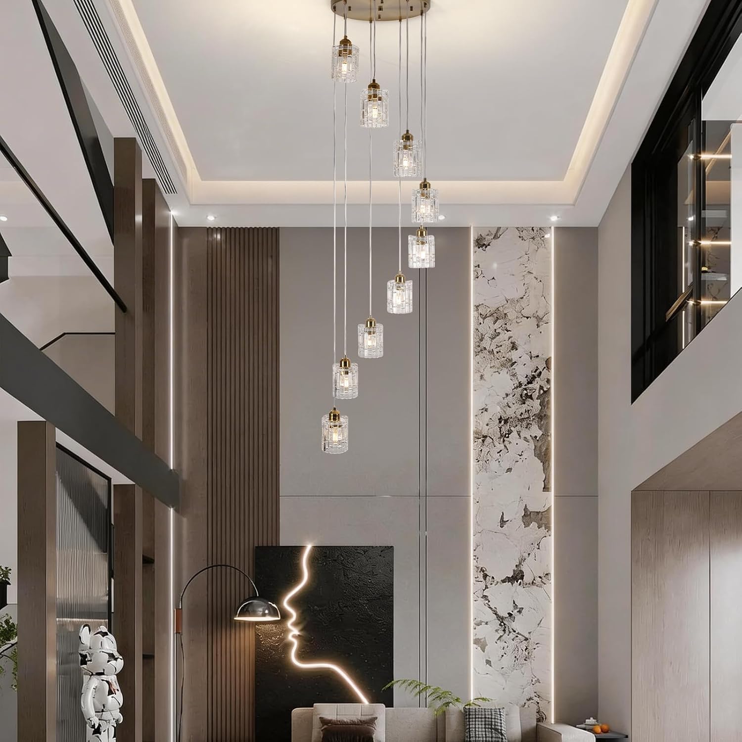 9-Light Glass Pendant Light Staircase Chandelier, Gold Cascading Cluster Chandelier, Sloped Ceiling Compatible, Adjustable Height for Foyer Entryway Stairwell High Ceiling & Kitchen Island, E26 Base
