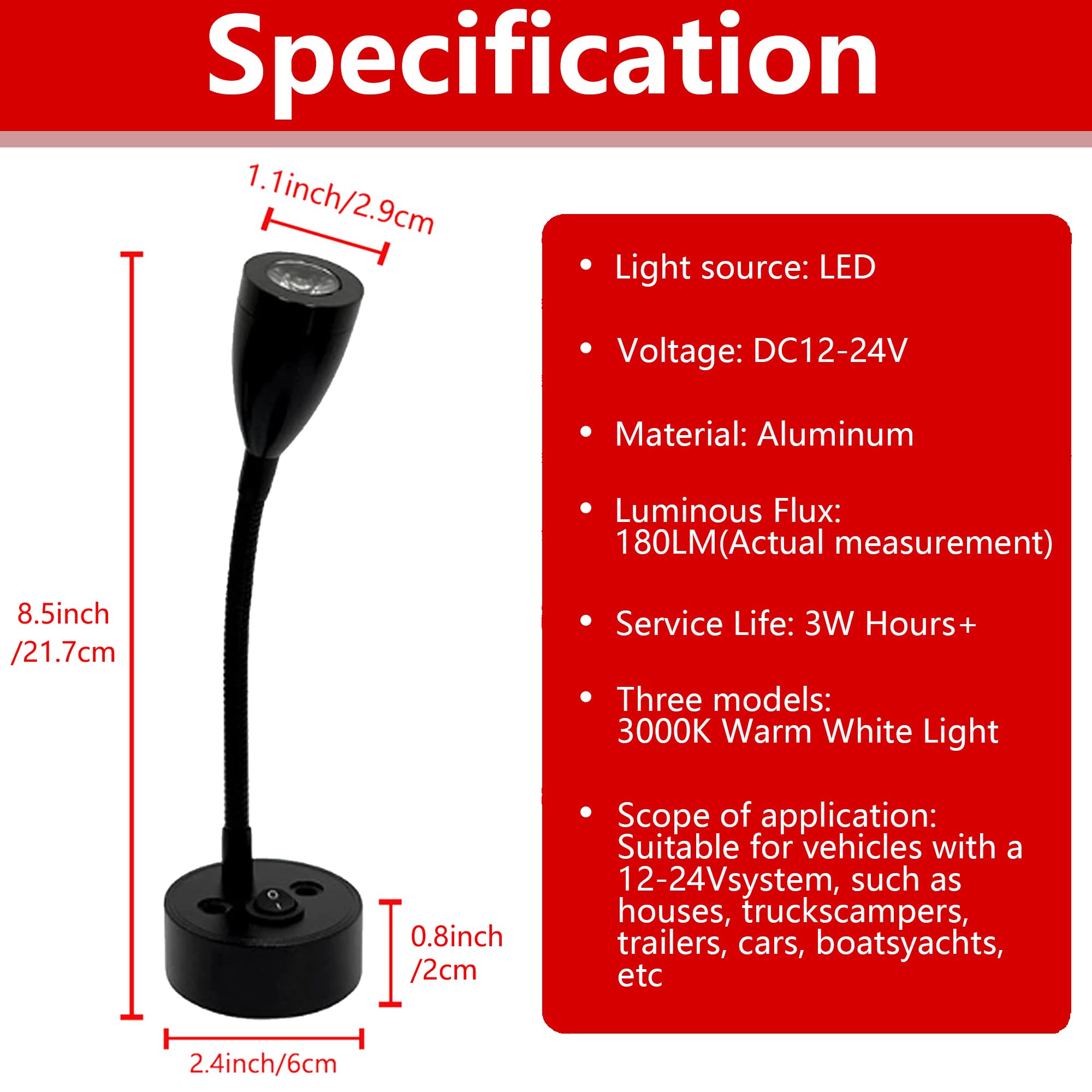 12V Short Gooseneck Light with Switch - Boat Reading Lamp Adjustable Warm Yellow Spotlight with Dimmable Button Switch Designed for RV, Caravans, Boats, Motor Homes Inside as Bedside Light 2Pcs