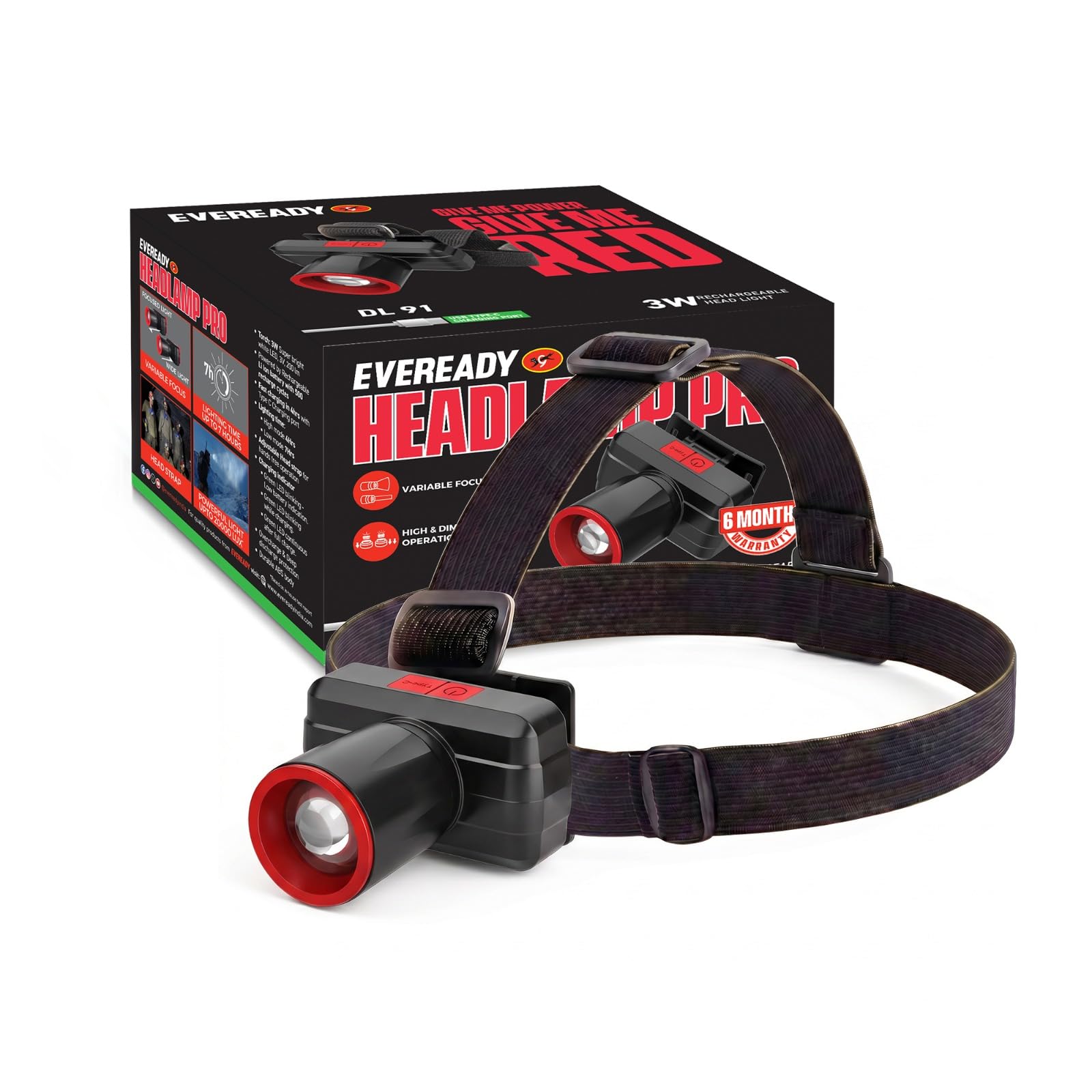 Eveready DL91 Headlamp Pro, Rechargeable 3W LED Headlight Torch, 20000 Lux Power, Telescopic Focus, 7-Hour Lighting Time, Dual Mode, USB Type-C Charging, 90° Tilt, Wearable Without Helmet-image-24
