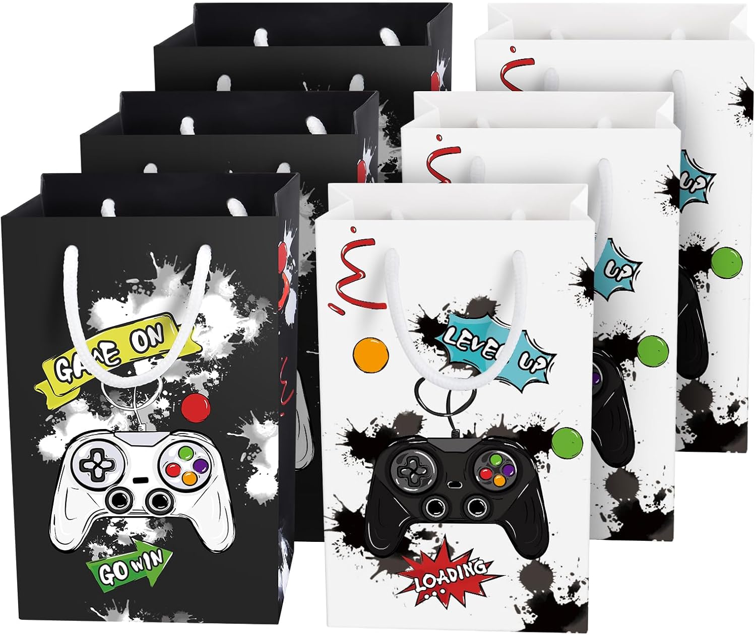 WERNNSAI Watercolor Video Game Party Bags - 16 Pack Gaming Goodie Bags for Boys Kids Gamer Theme Party Supplies Candy Treat Loot Gift Bags with Handle for Birthday Baby Shower Supplies (Black & White)