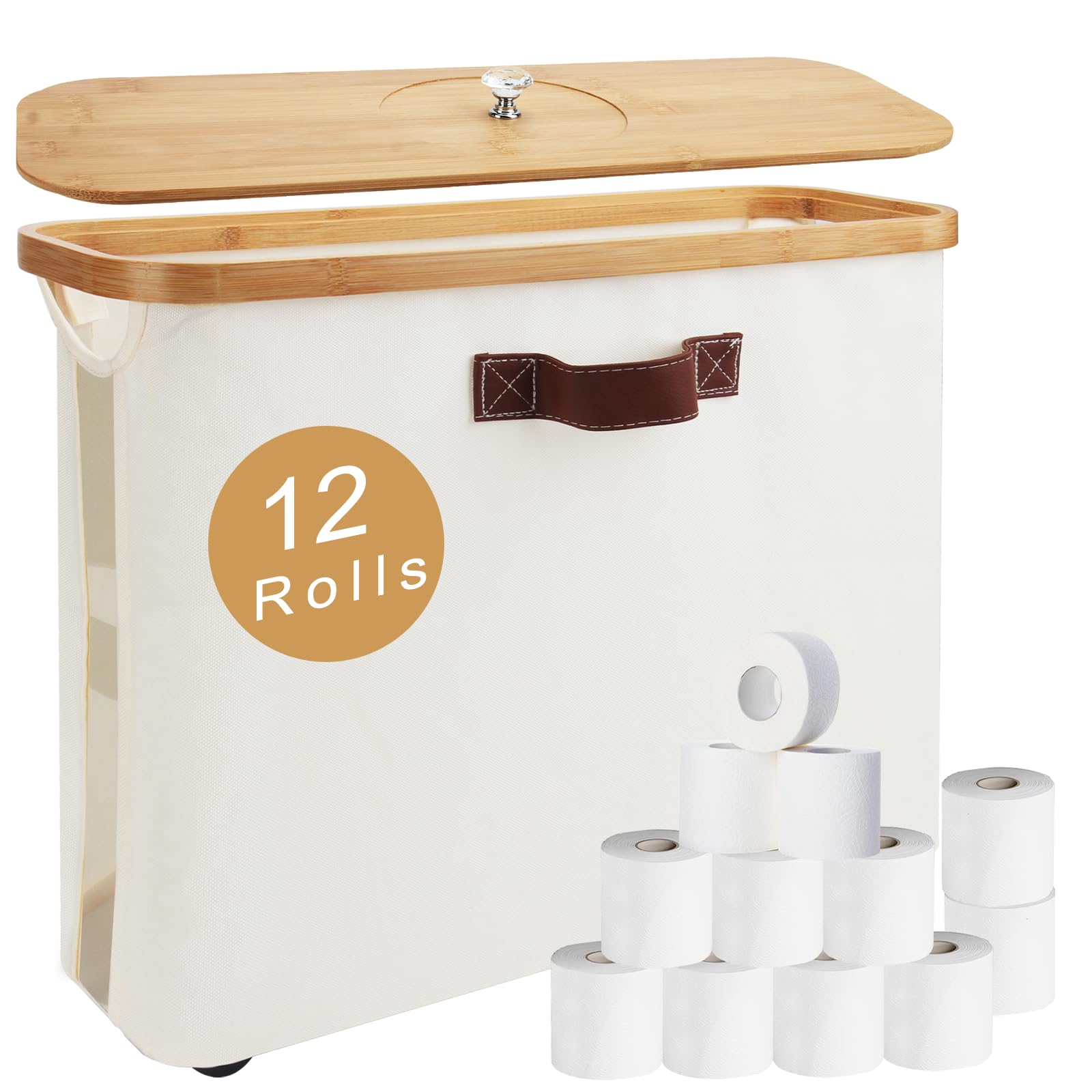 Toilet Paper Storage?Toilets Paper Holder for 12 Rolls,Bathroom Organizer and Storage,Waterproof Basket with Lid and Handle,Beige,1 Pack