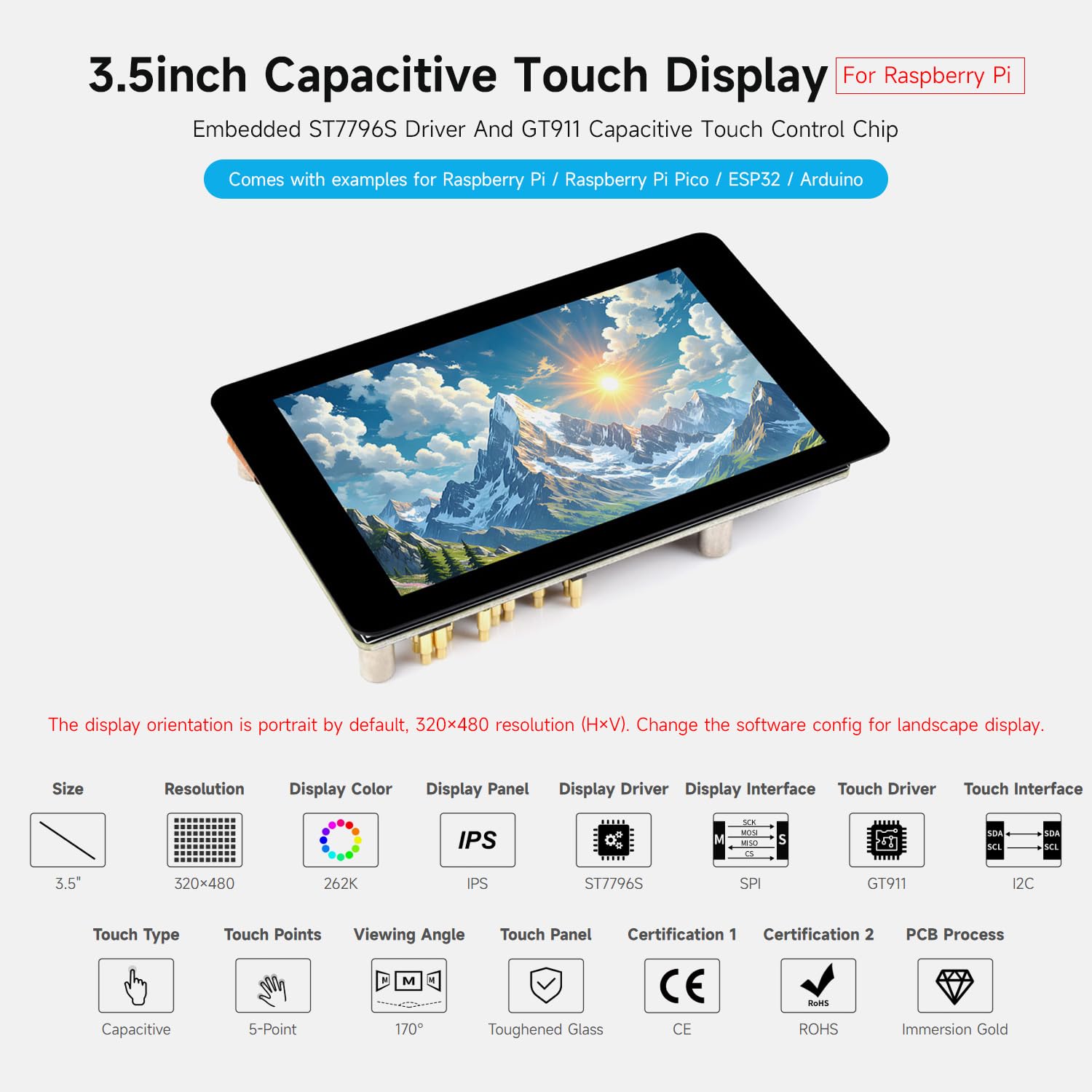 Waveshare 3.5inch Capacitive Touch Display (F) For Raspberry Pi, IPS Panel, 320x480 Resolution, 5-Point Touch, Immersion Gold Process, Toughened Glass Panel