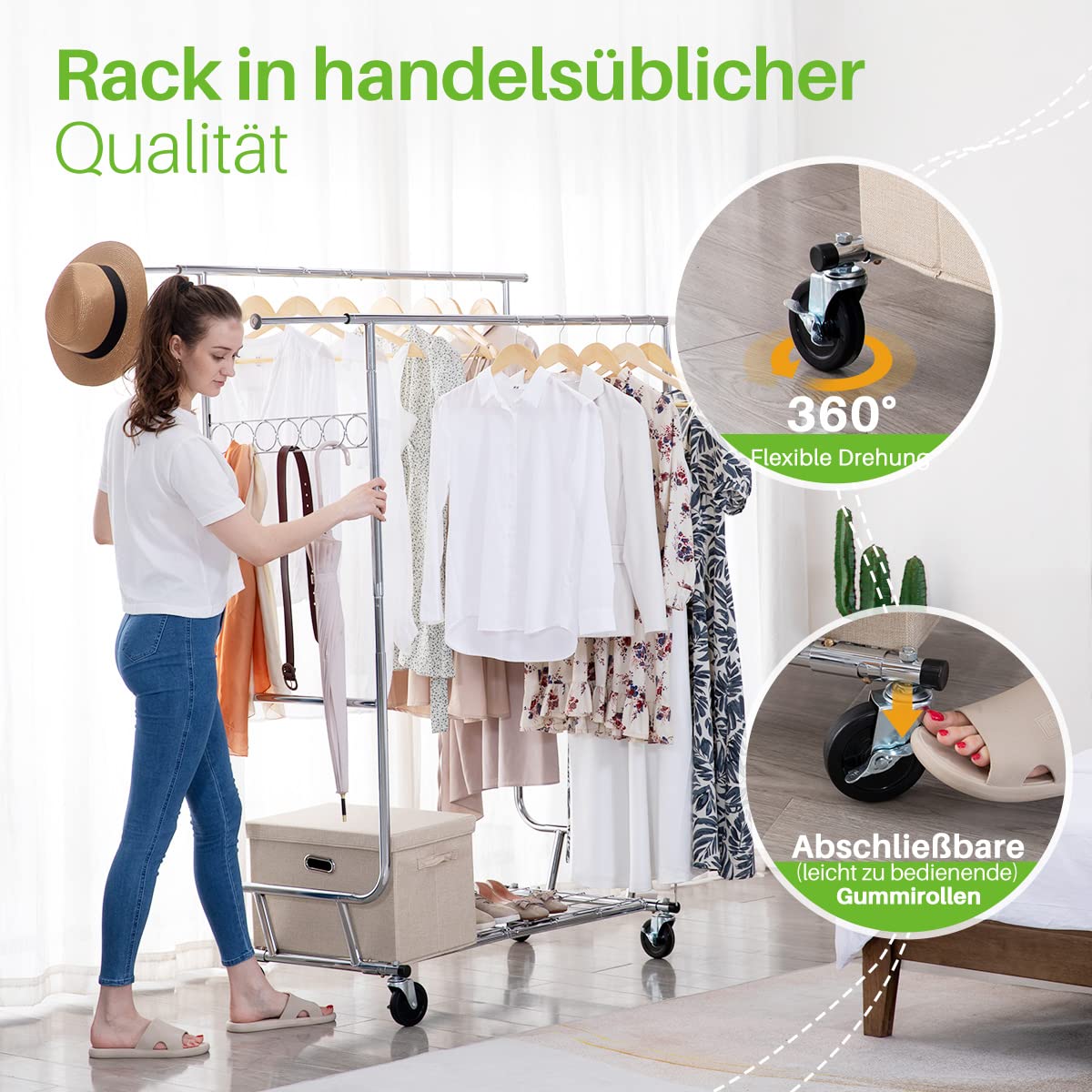HOKEEPER Profi Doppelter Kleiderständer, bis 272 kg belastbar, Schwerlast Kleiderstange auf rollen, Industrie-Design, Garderobenständer mit 2 Kleiderstangen und Ablage