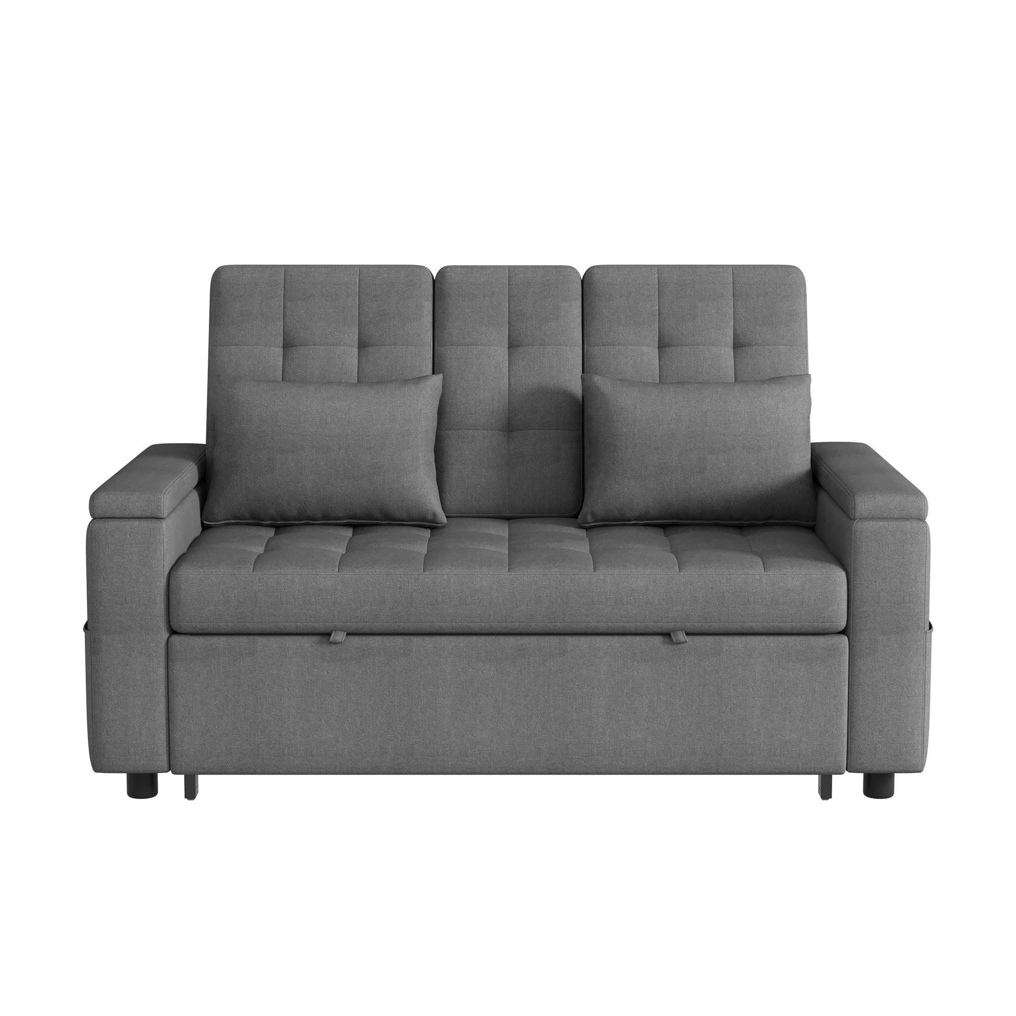 Merax Schlafsofa 2-Sitzer Sofa mit Schlaffunktion, Modernes Klappsofa 3-in-1 Schlafcouch mit Verstellbarer Rückenlehne, Armlehnen-Staufächern, Getränkehalter und Seitentaschen, Grau