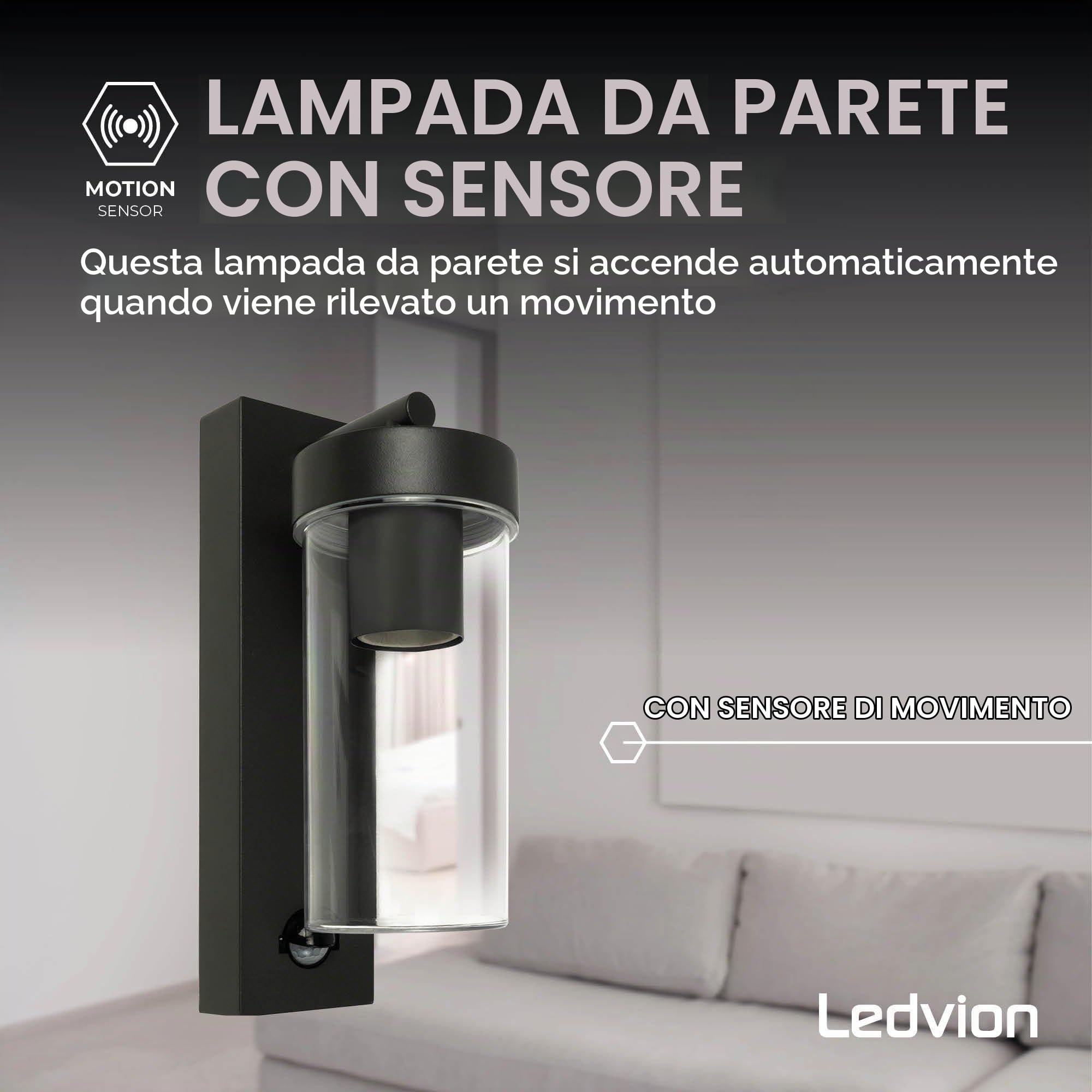 Ledvion - Lampada da Parete LED con Sensore, Attacco E27, IP44, Nero, Lampada da Esterno, Illuminazione Esterna | Maggiore comodità in tutta la casa: la lampada da parete si accende automaticamente non appena viene rilevato un movimento.
