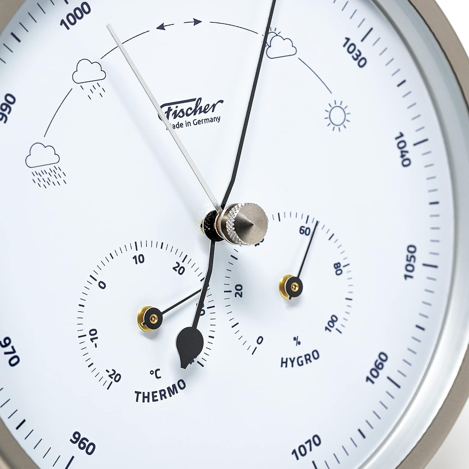 Fischer 1602-01 Outdoor Weather Station - 160 mm Thermometer, Barometer, Hygrometer - Stainless Steel, White Dial, Made in Germany