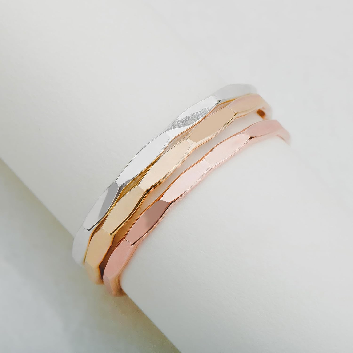Melanie Golden Jewelry Mirror Hammered Stacking Ring | 1mm Skinny Textured Ring in Silver, Gold, or Rose Gold | Comfort Fit USA Sizes 4-12