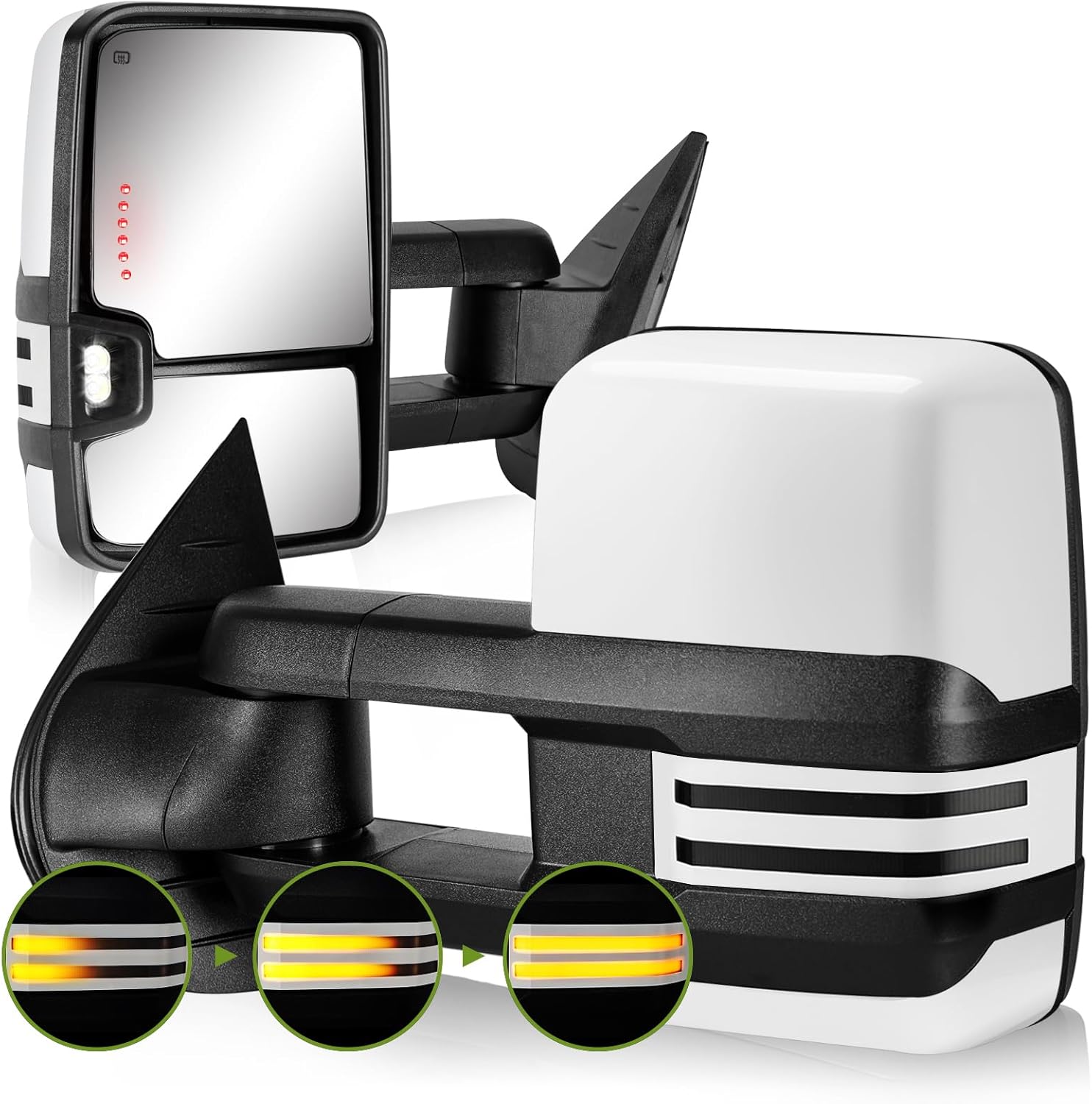 Switchback Tow Mirrors for 2007-2013 Chevy Silverado Avalanche Suburban Tahoe/GMC Sierra Yukon with Sequential Turn Signal & Running Light Backup Lamp (Painted White)