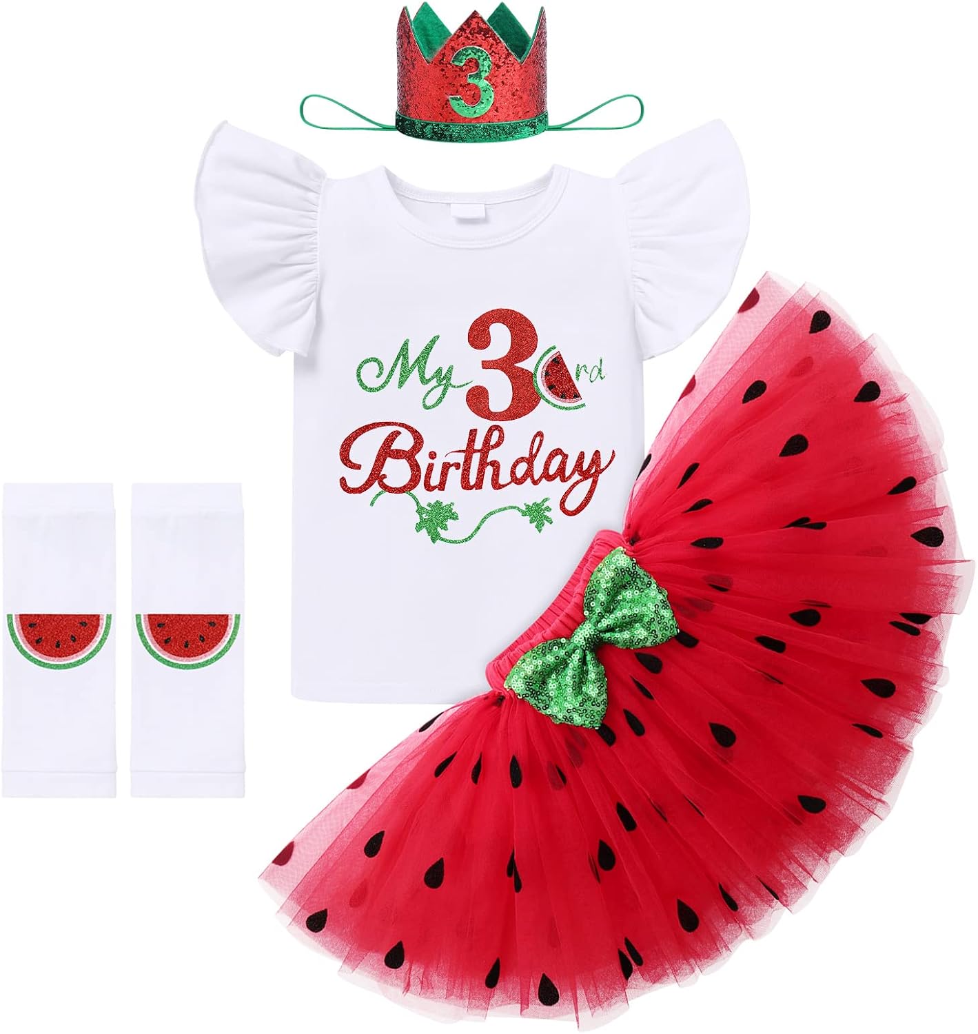 IBTOM CASTLE Baby Girls Watermelon Birthday Half 1st/2nd Party Outfit Romper Tutu Skirt Leggings Headband 4pcs Clothes Set