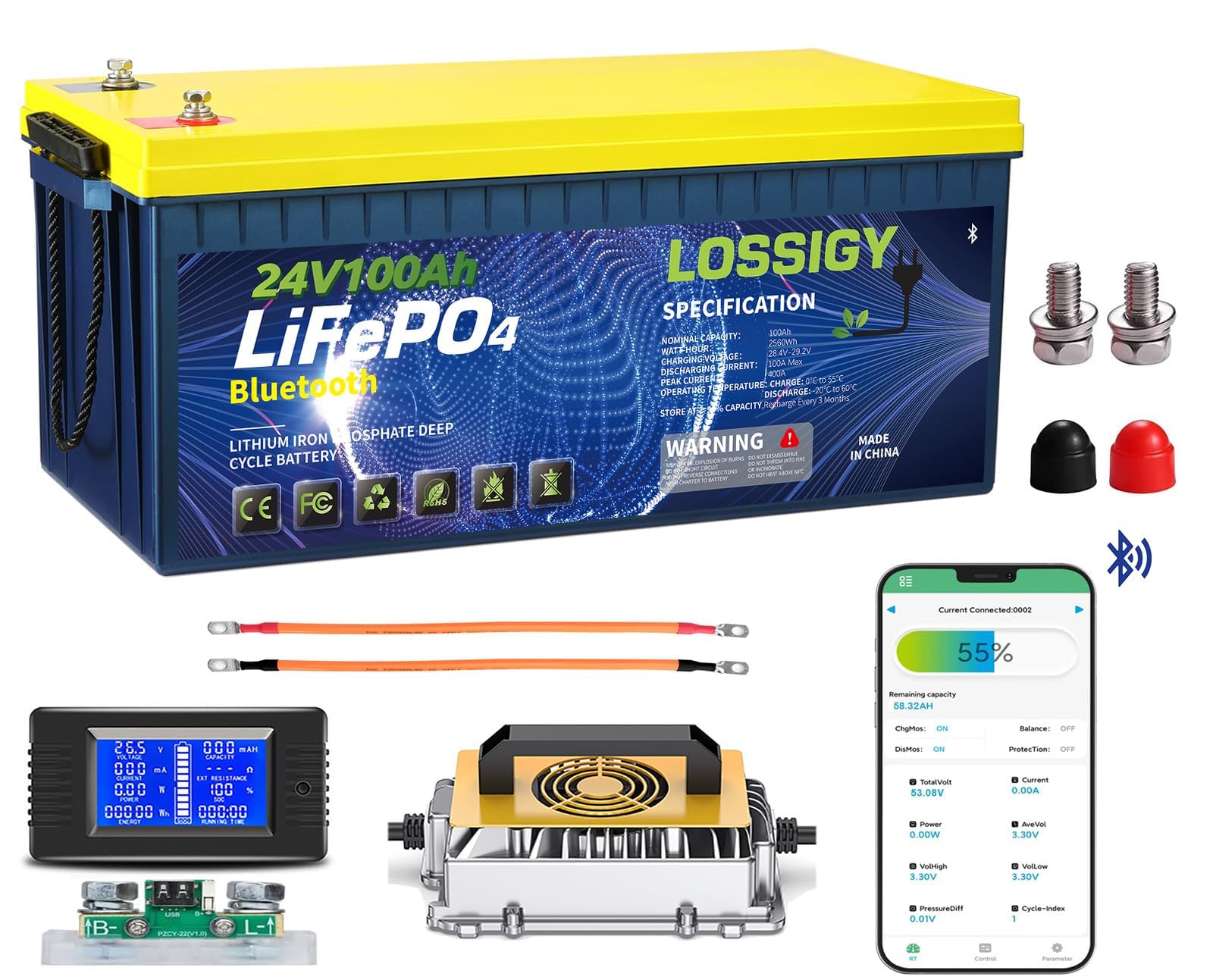 LOSSIGY 24V 100Ah Bluetooth LiFePO4 Battery