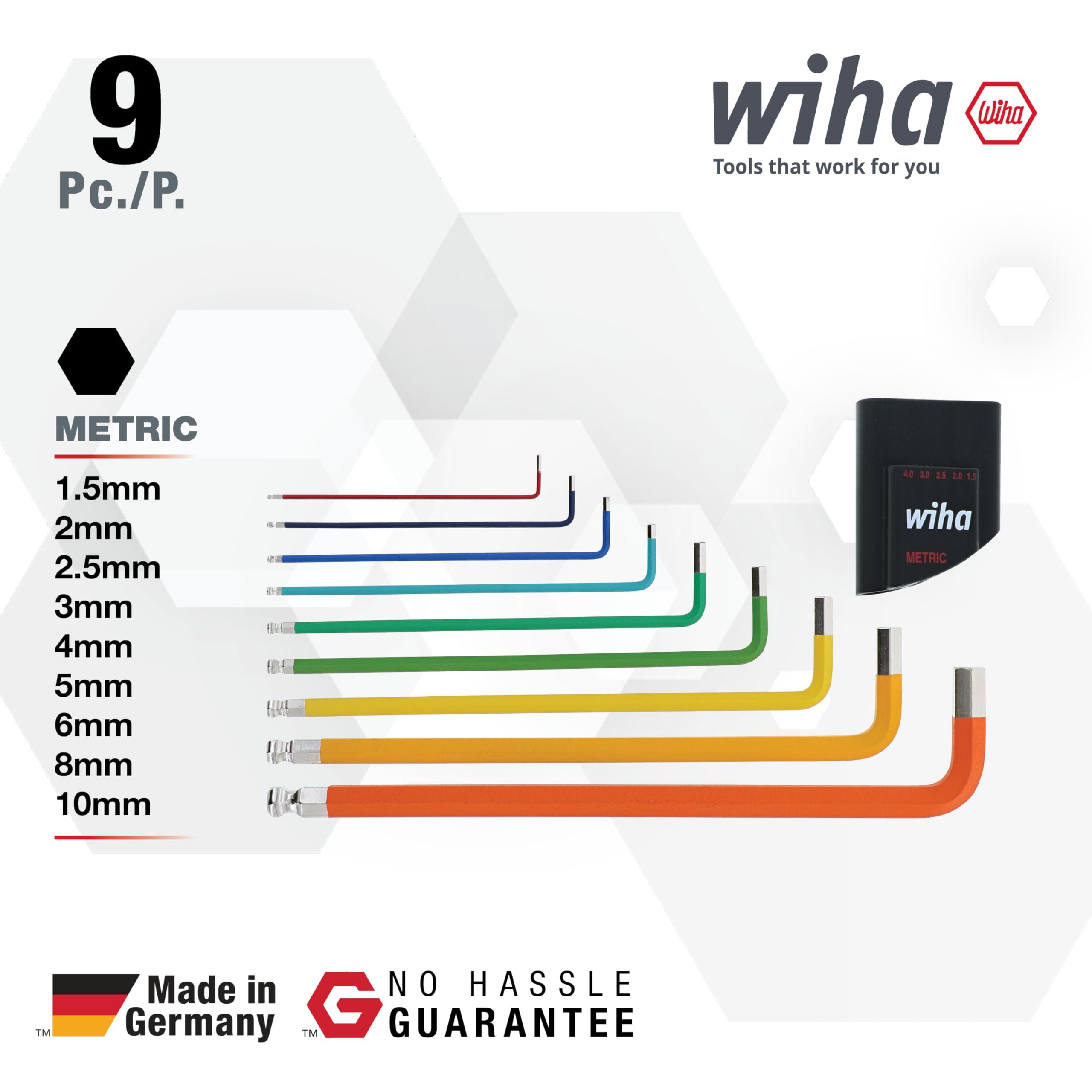 Wiha 9 Piece Ball End Color Coded Hex L-Key Set - Metric