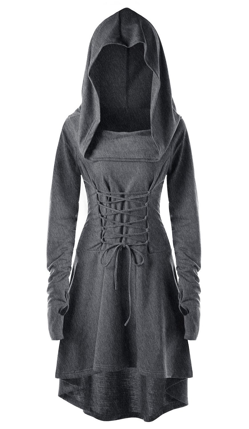 Womens Renaissance Costumes Hooded Robe Lace Up Vintage Pullover High Low Long Hoodie Dress