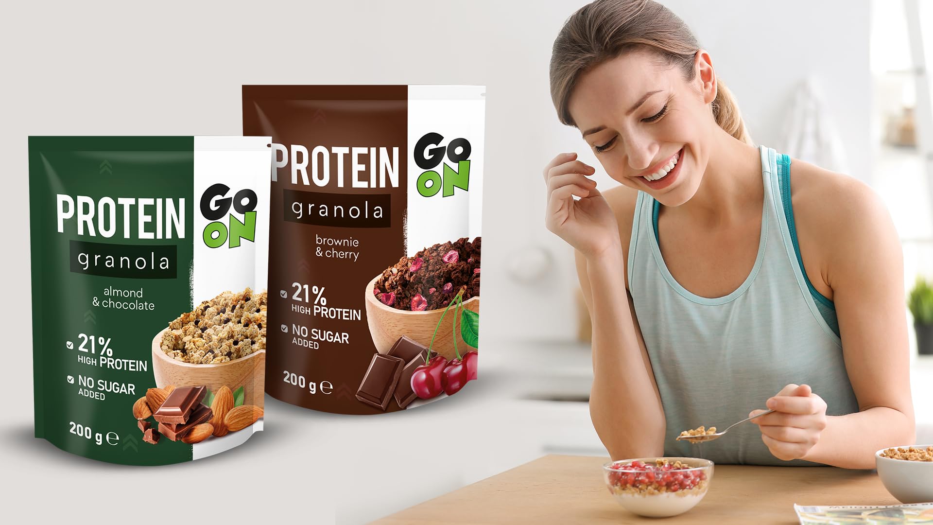 GO ON - Granola białkowa 300g, musli bez cukru, musli granola, chrupiące musli, musli z białkiem roślinnym, zdrowe musli, zdrowe śniadanie, płatki zbożowe - Brownie Cherry