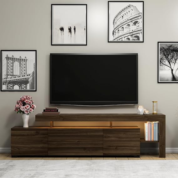 Beliz Modern LED Lighted 3 Cover, Shelved TV Stand – 192 cm, Walnut