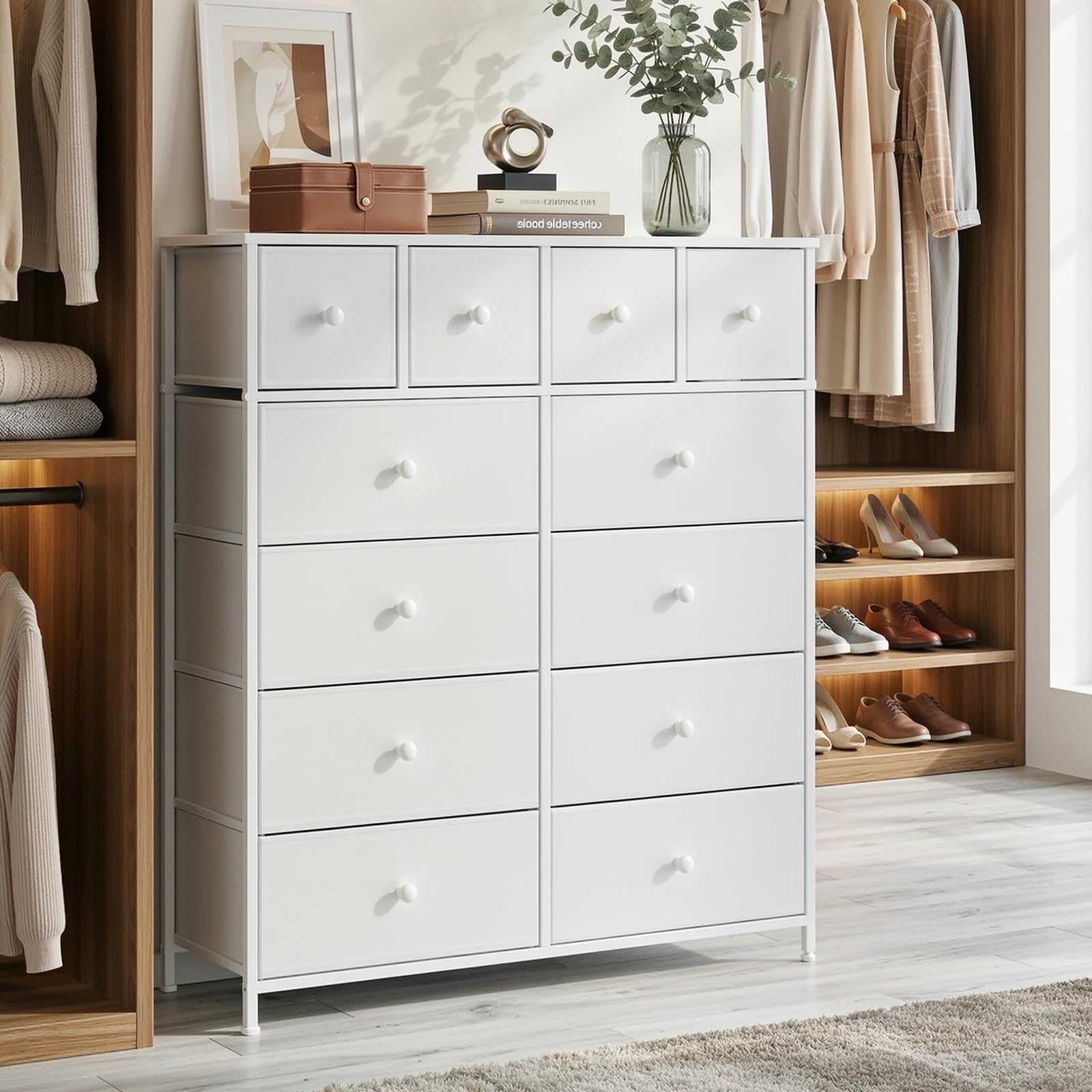 Clevich Cassettiera in tessuto, armadio per riporre, credenza per soggiorno con 12 cassetti per cucina, ufficio, ingresso e camera da letto (Bianco)