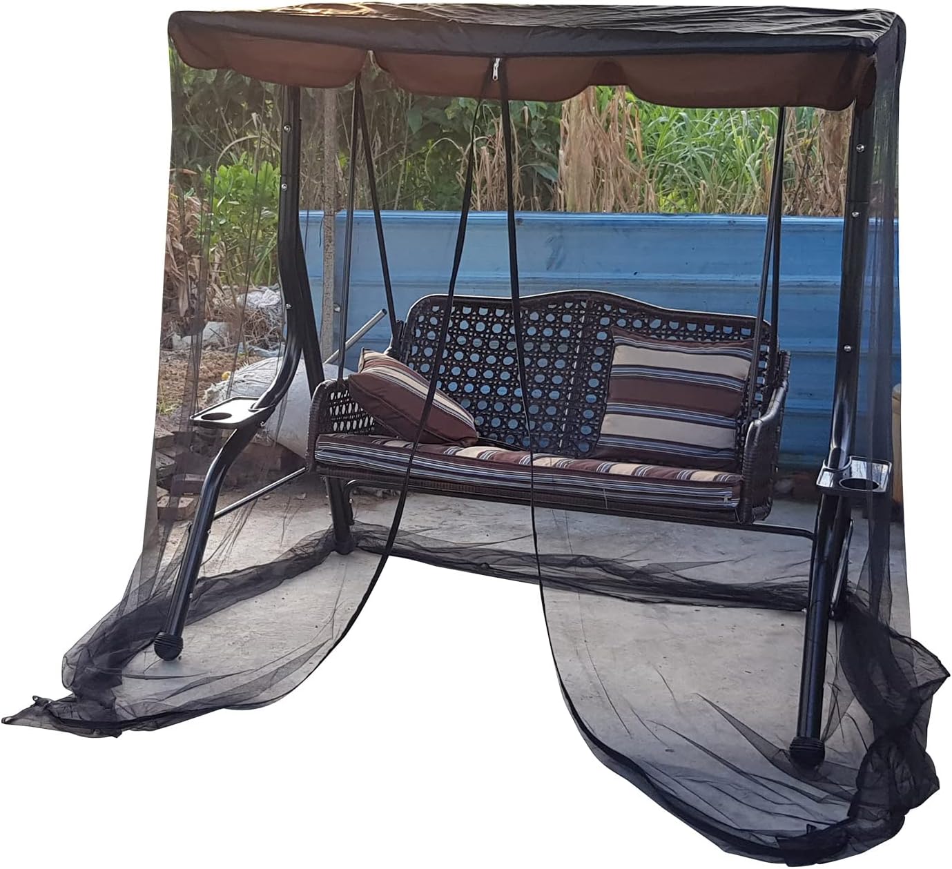 4 x 6 x 6.5 ft Outdoor Swing Chair Mosquito Net, Polyester Mesh Screen with Zipper Opening and Roof Waterproof Top Cloth, Patio Mesh Mosquito Netting