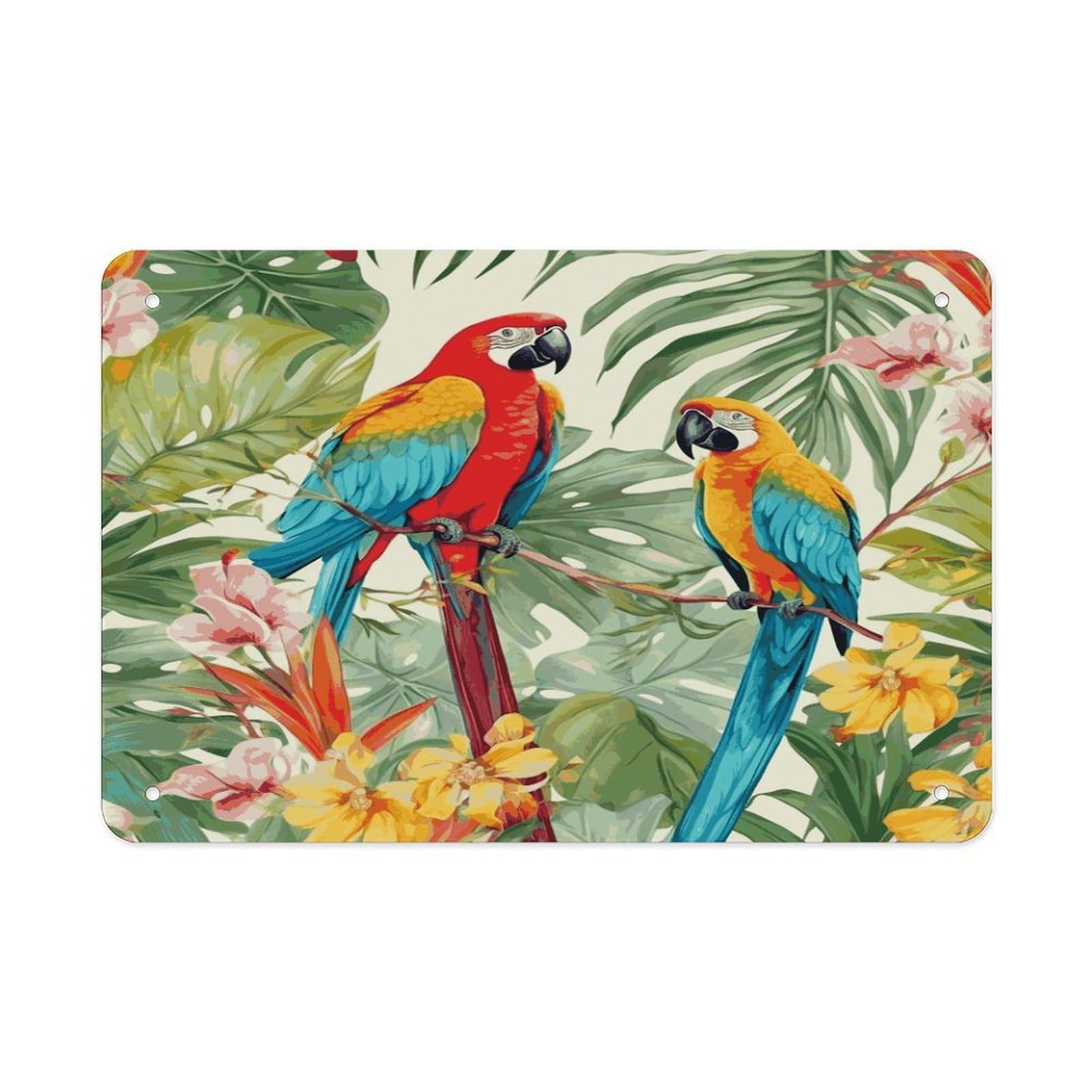 LDGSUPH Tropical Plants And Parrots Metal Tin Sign Wall Art Prints Folded Edge Iron Sheet Painting with Holes for Wall Prints Decorative Picture Metal Signboard Decor Painting Wall Decor