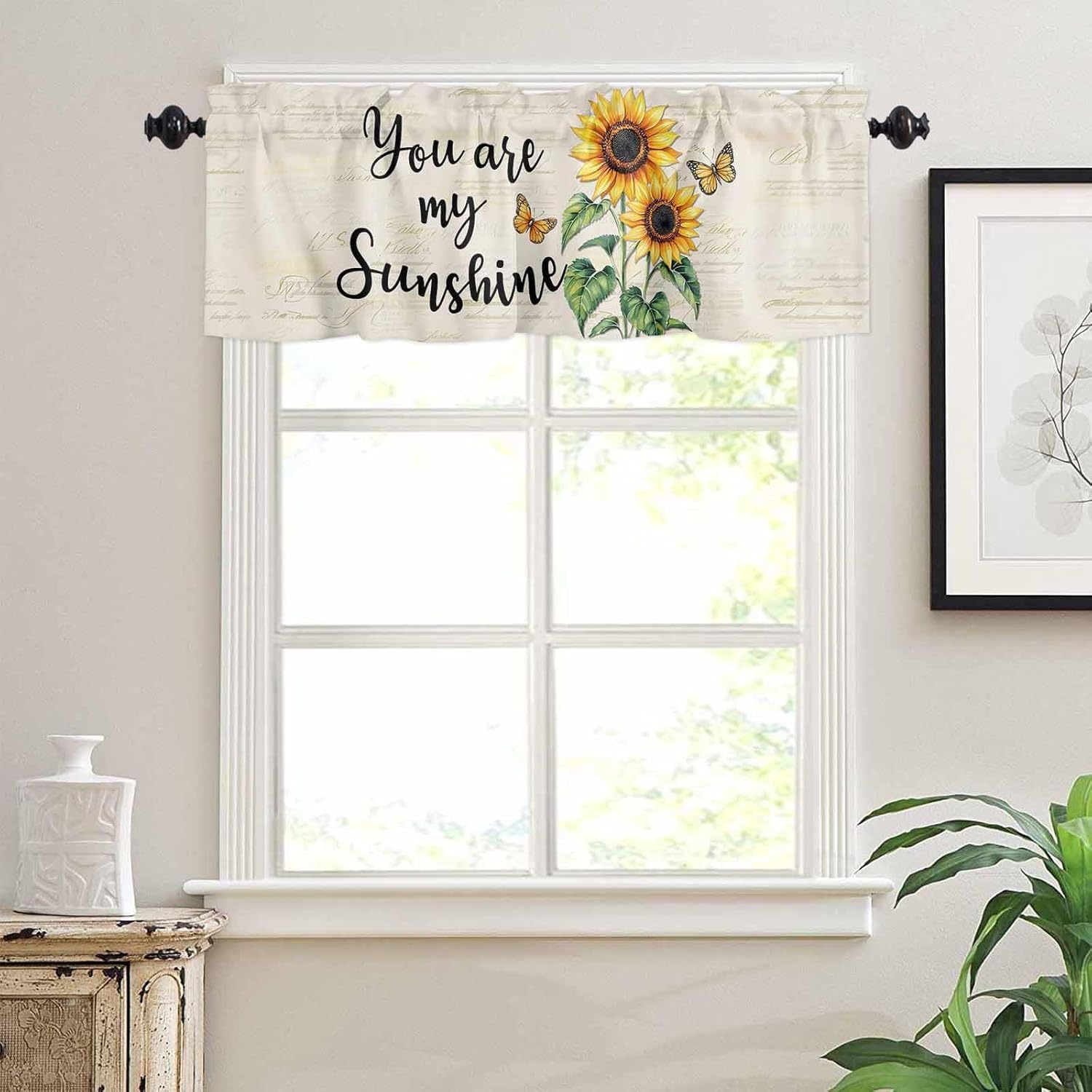 Kitchen Curtains Tiers and Valances Set, Sunflower Farm Sunshine Rod Pocket Short Window Curtains for Bedroom Bathroom Cafe, 3 Pieces, 54" W x 24" L Summer Butterfly Yellow