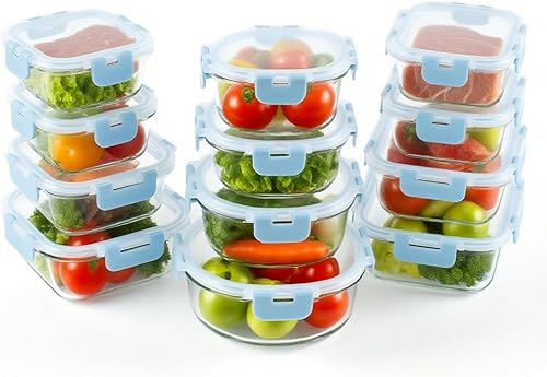 Miniatura 2 de BYLWORKOUT - 24 recipientes de vidrio con tapas, a prueba de fugas, aptos para lavavajillas, para preparación de comidas o sobras (azul)