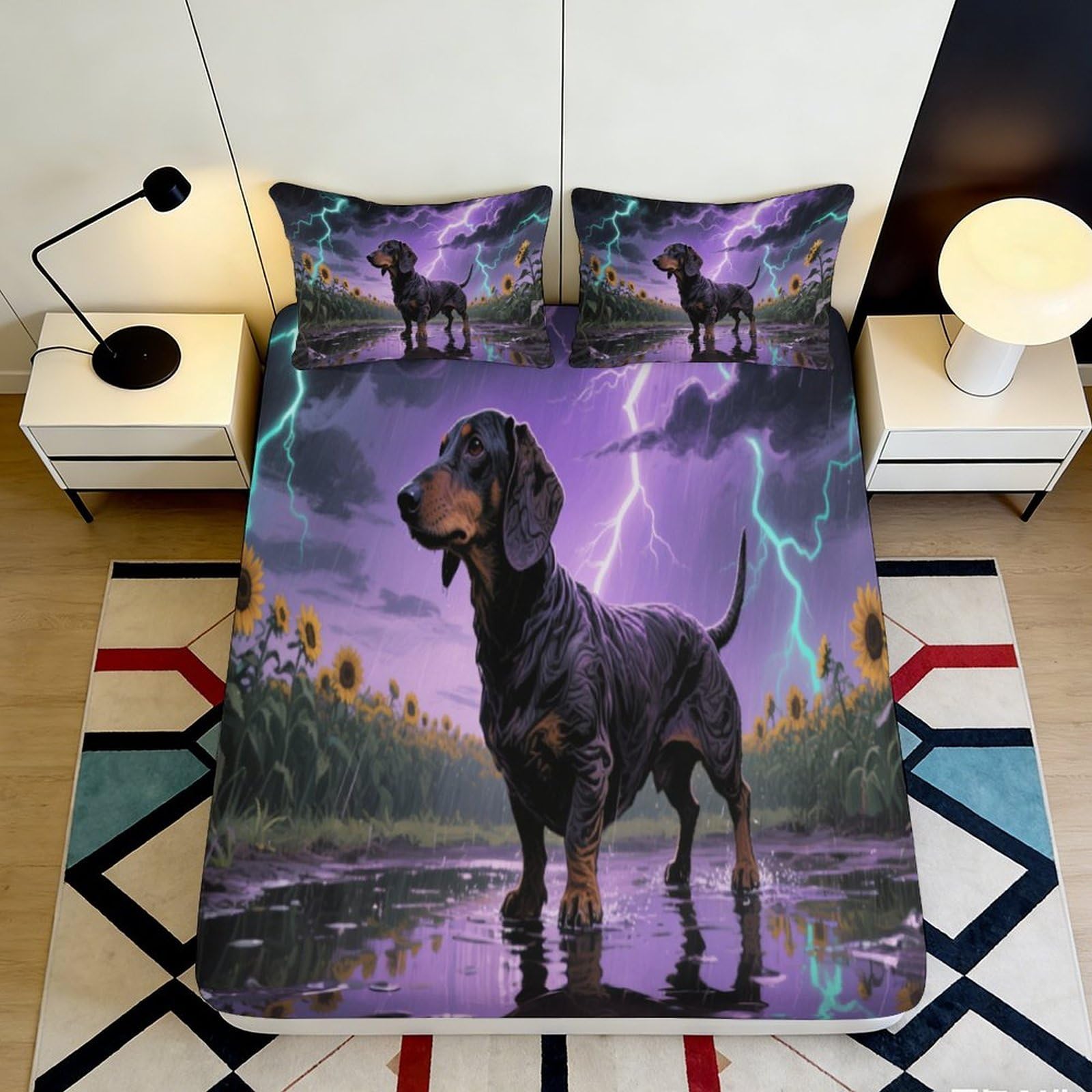 3D Printed Lightning Storm Fitted Sheet Microfiber Durable Vibrant 3D Printed Dachshund Bed Cover for Bedroom Dormitory Guest Room Mattress Protection 160x200x25cm