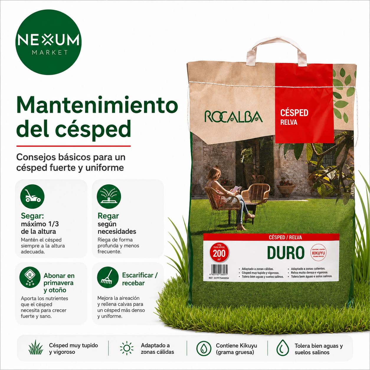 Semillas De Césped Con Kikuyu Duro Saco 5 kg – Resistente Pisoteo, Sequía y Agua Salina, Bajo Mantenimiento, Zonas Secas, Suelos Difíciles y Jardín Mediterráneo, Cobertura Hasta 200 m² | Nexum Market