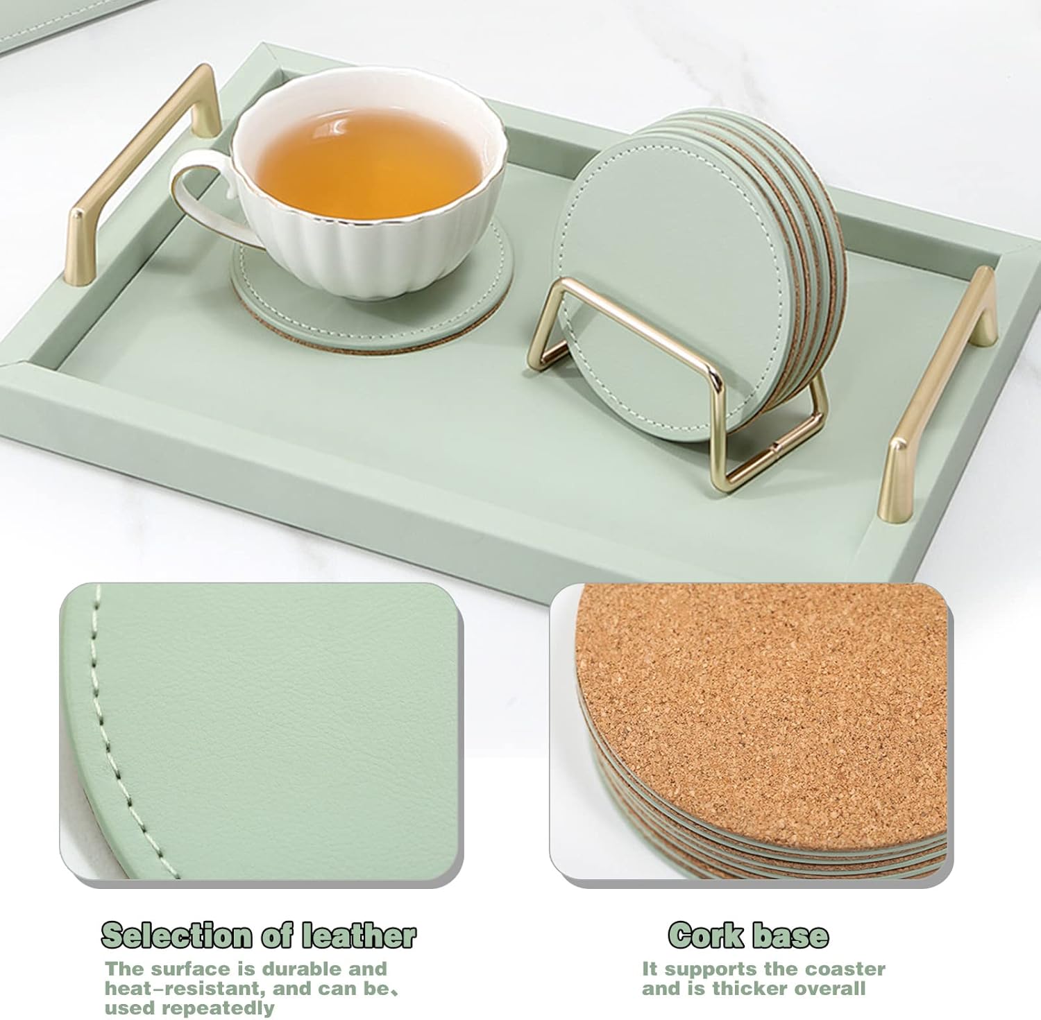 Coaster Set of 6 with Metal Holder Leather Coasters Cup Coaster for Coffee Table Absorbent Coaster Housewarming Gift for Tabletop Protection Home Decor (Green) : Home & Kitchen