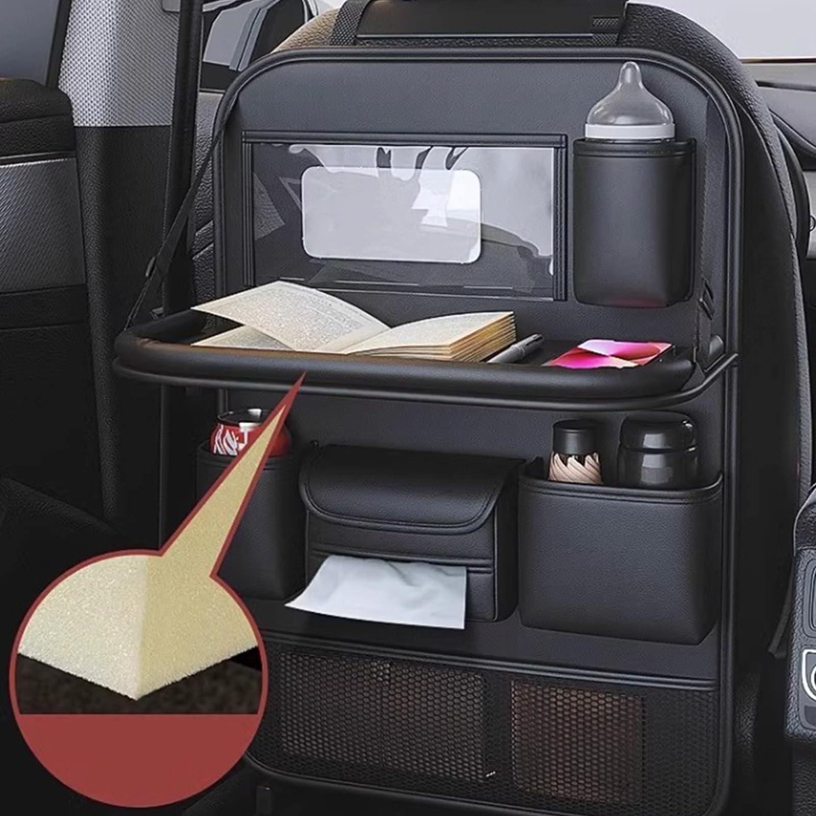 2 organizadores de coche para asiento trasero, protector de respaldo grande, organizador para asiento de coche para niños con mesa plegable, bandeja de mesa plegable, bolsa de almacenamiento para