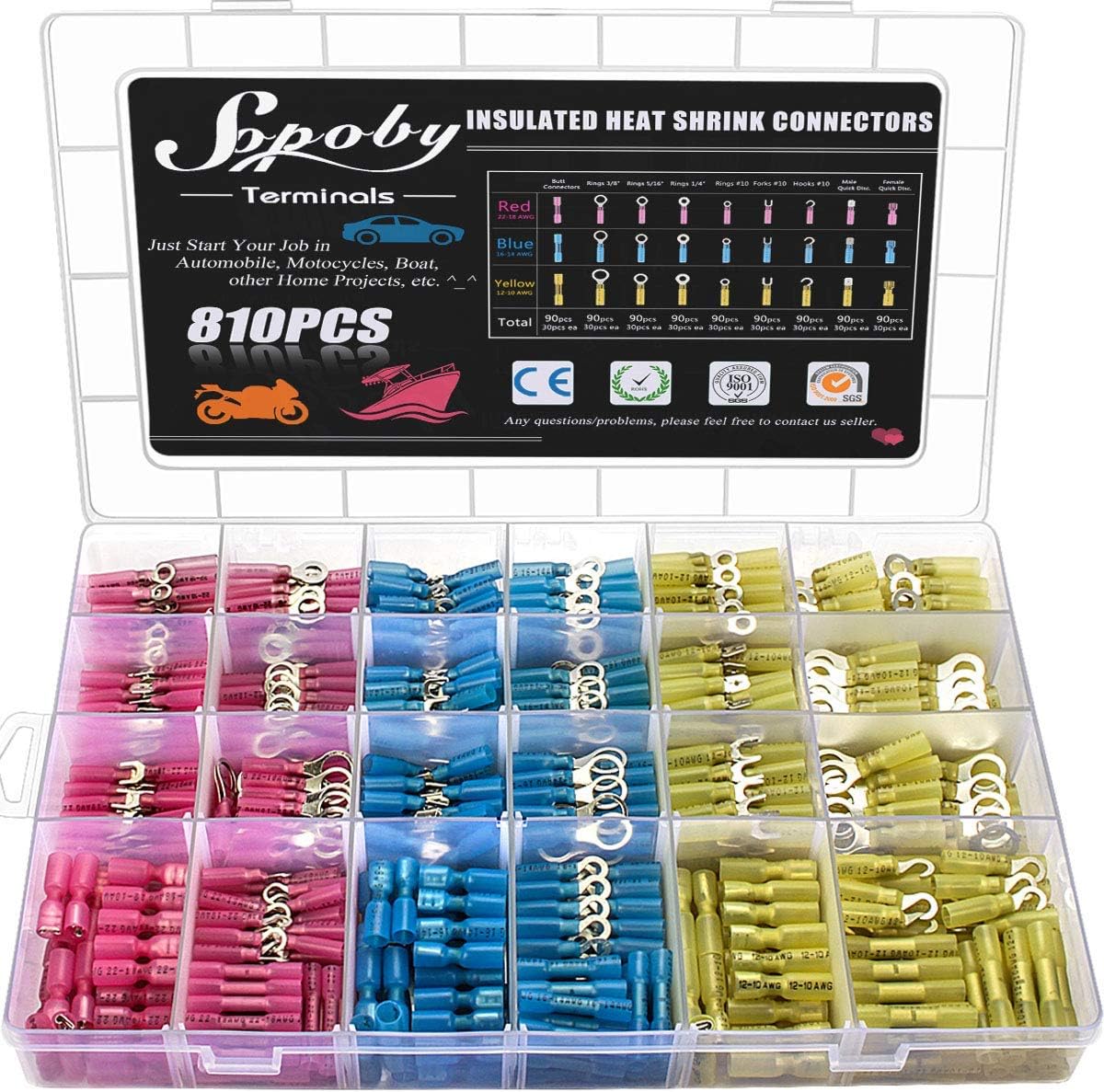 810PCS Heat Shrink Connectors - Sopoby Electrical Wire Connectors Crimp Connectors - Insulated Automotive Marine Wire Terminal Kit - Ring Fork Hook Spade Butt Splices